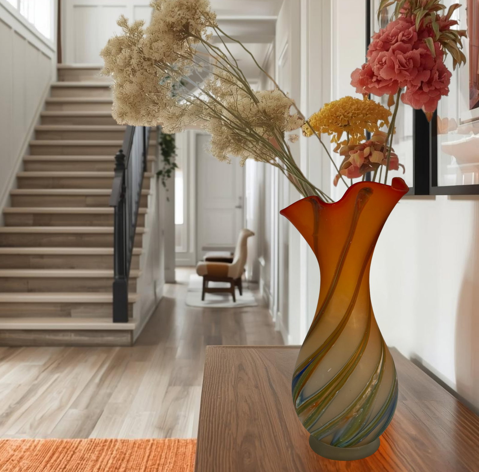 Zareh Orange Art Glass Fazzoletto Vase With Green Blue Swirl - 15