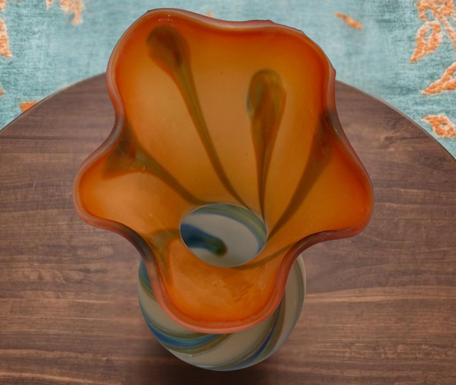 Zareh Orange Art Glass Fazzoletto Vase With Green Blue Swirl - 16