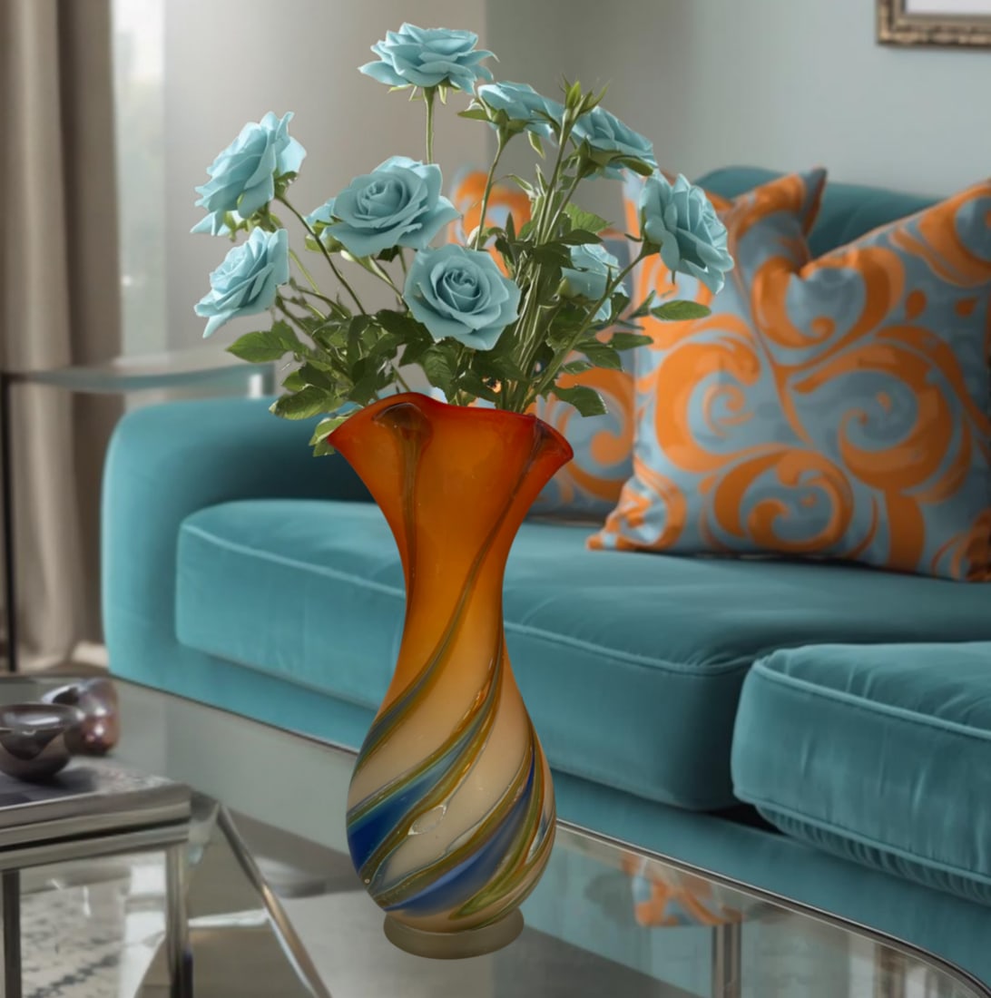Zareh Orange Art Glass Fazzoletto Vase With Green Blue Swirl - 17