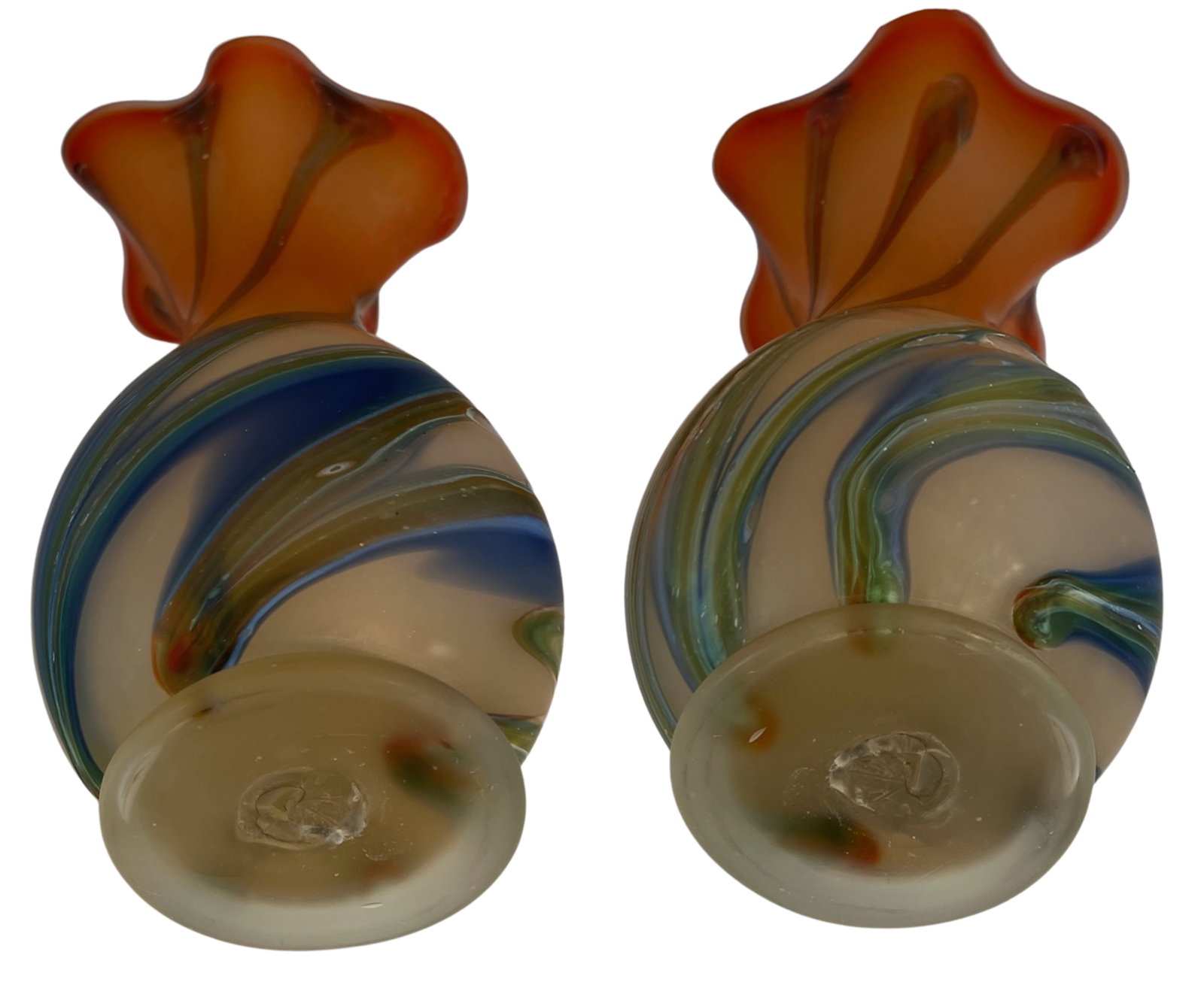 Zareh Orange Art Glass Fazzoletto Vase With Green Blue Swirl - 18