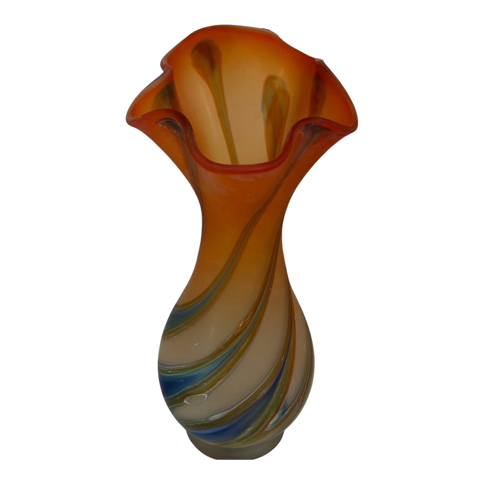 Zareh Orange Art Glass Fazzoletto Vase With Green Blue Swirl: This 14"‘inch tall by 6"‘inch wide hand"‘blown art glass vase by Essie Zareh of Azerbaijan reflects the expressive, organic style he is known for. The form rises from a rounded,