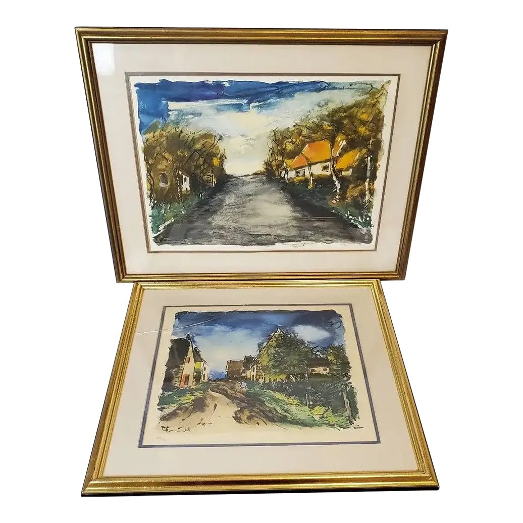Mid 20th Century Pair of Maurice De Vlaminck Limited Edition Village Road Prints "” Framed,: This is a pair of authentic Maurice de Vlaminck limited"‘edition prints, each depicting one of his iconic French village road scenes. Vlaminck's expressive brushwork, bold color contrasts, and