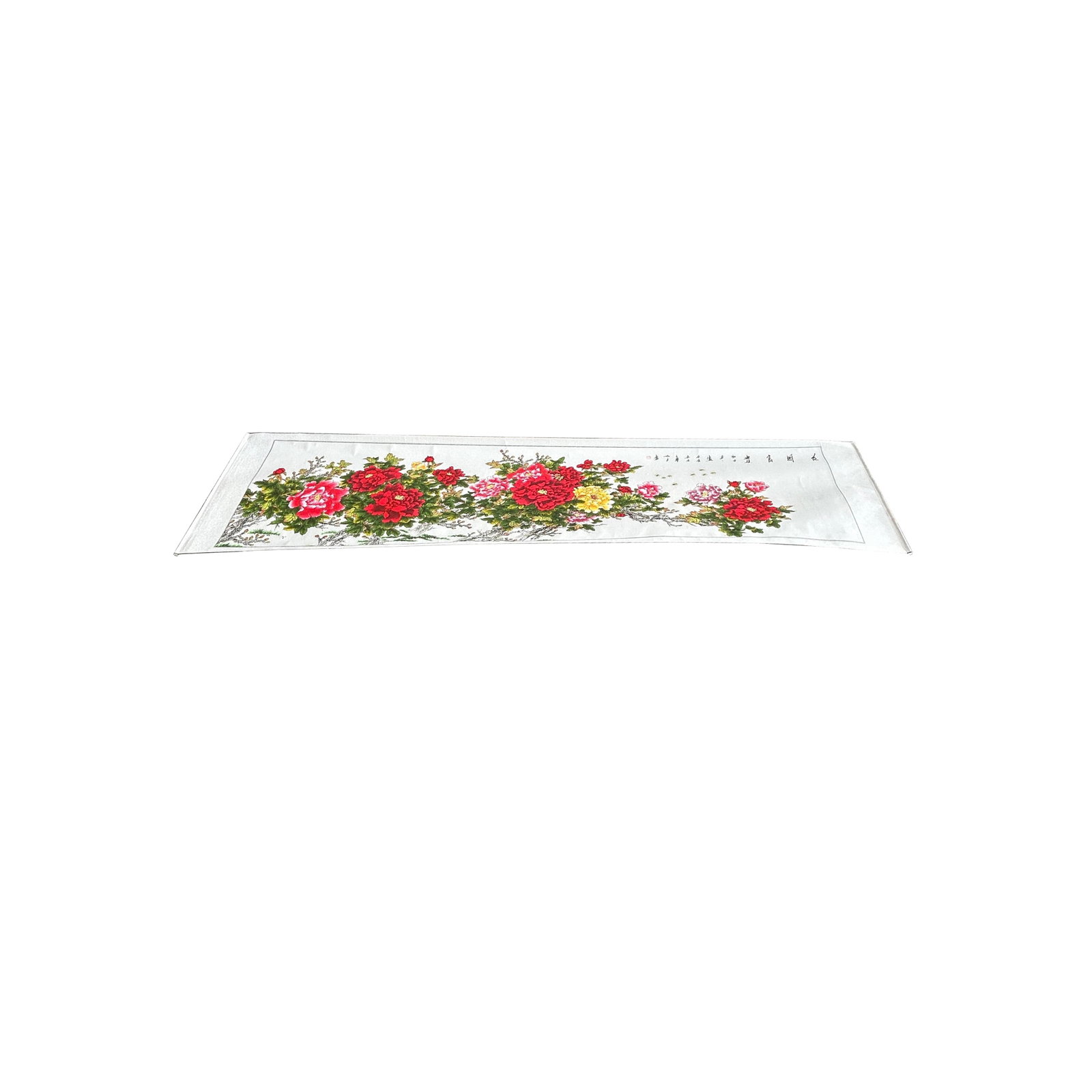 Long Horizontal 141" Chinese Color Ink Red Peony Blossom Scroll Painting - 10