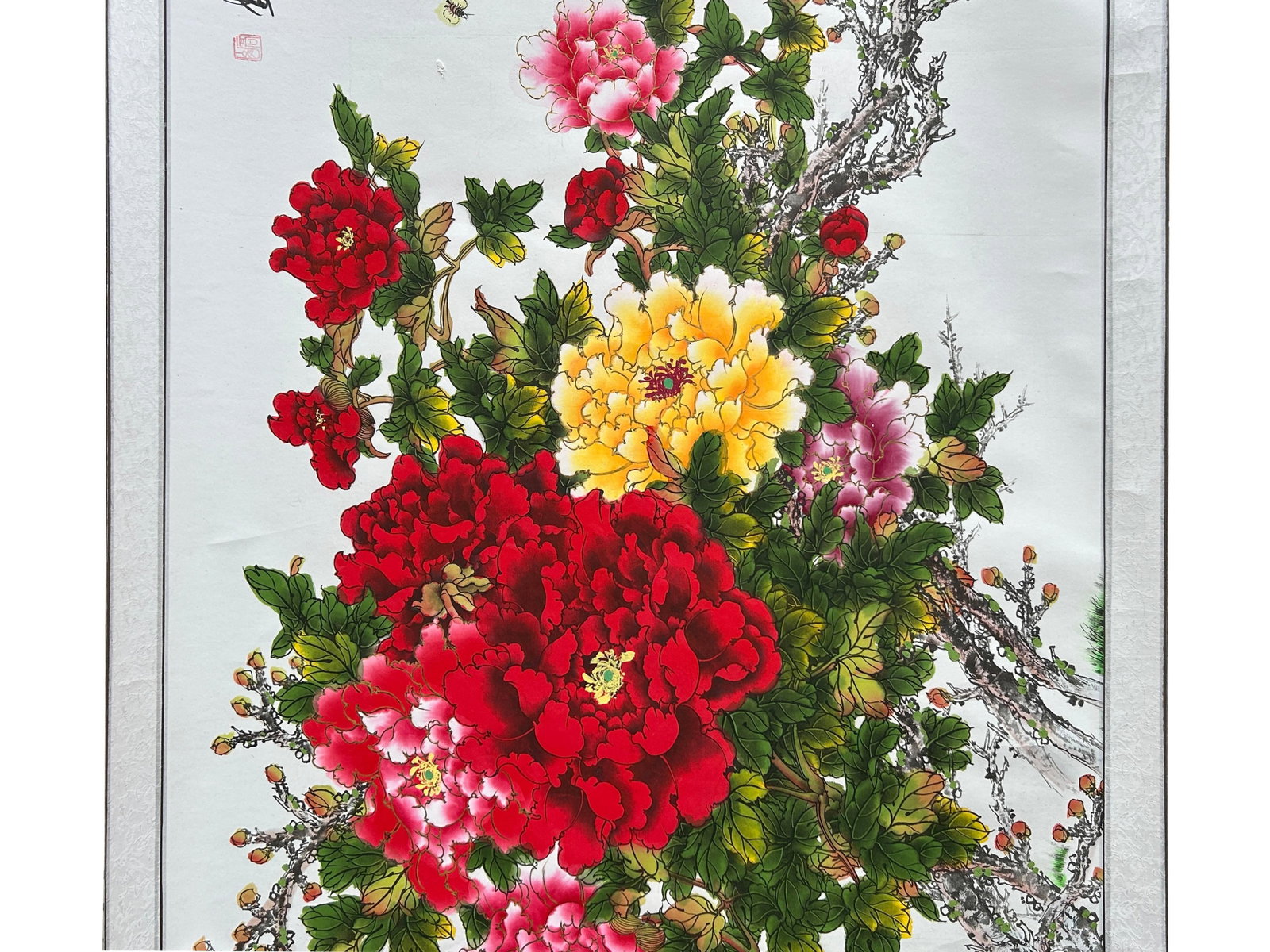 Long Horizontal 141" Chinese Color Ink Red Peony Blossom Scroll Painting - 11