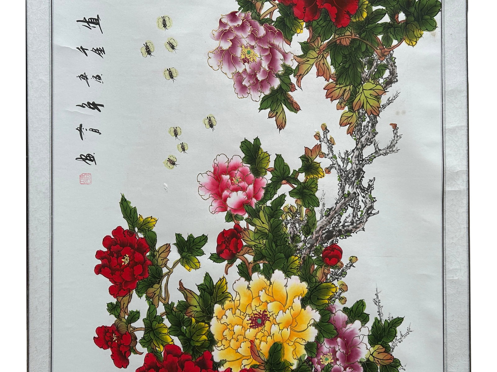 Long Horizontal 141" Chinese Color Ink Red Peony Blossom Scroll Painting - 13