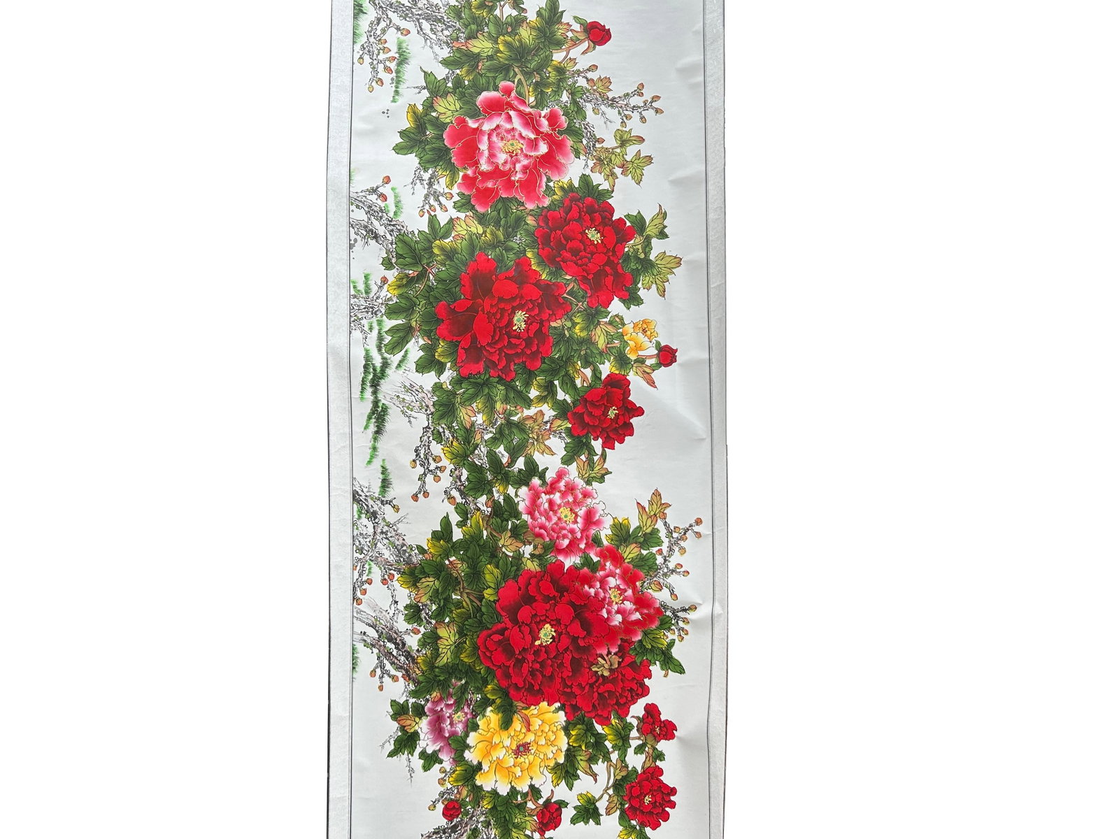 Long Horizontal 141" Chinese Color Ink Red Peony Blossom Scroll Painting - 14