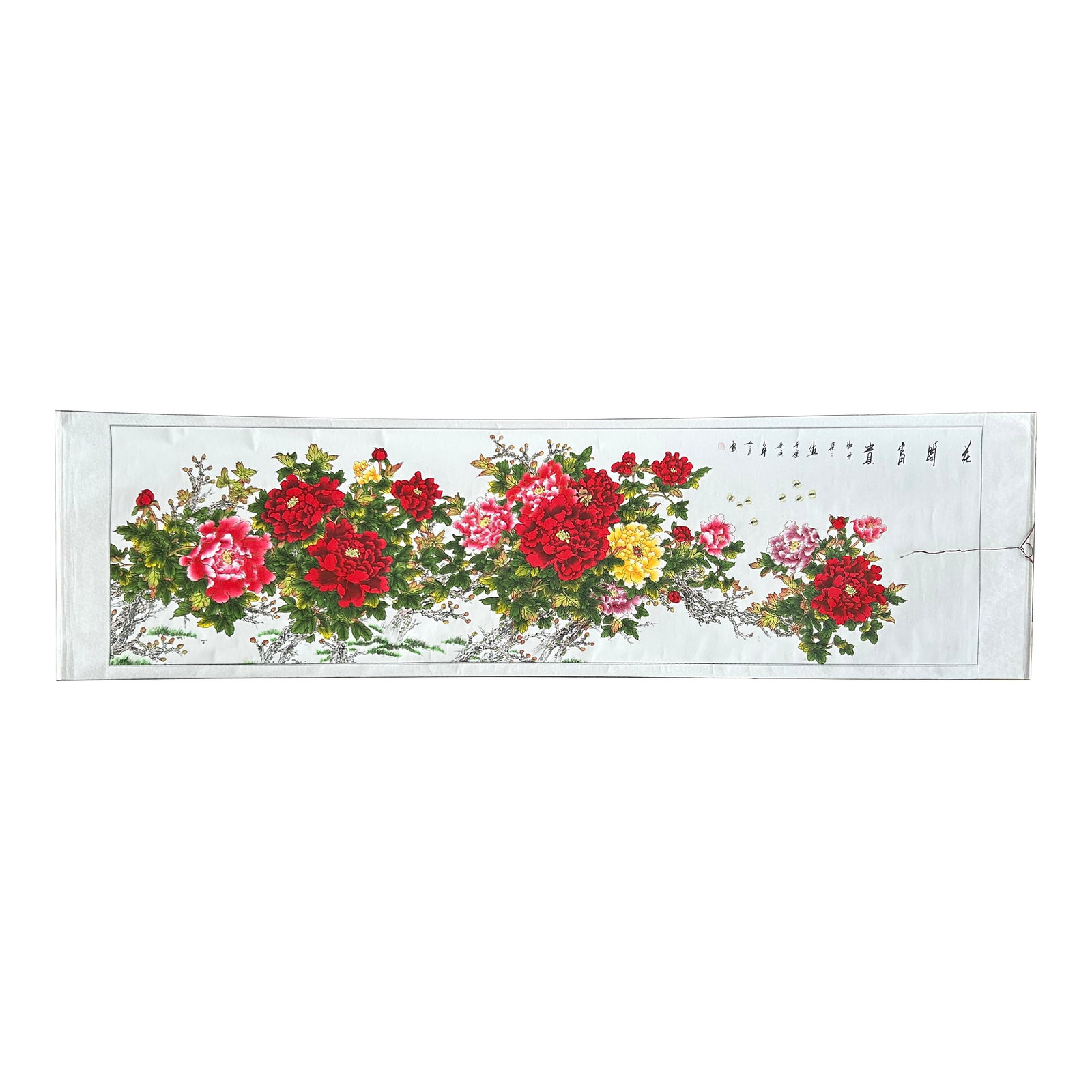 Long Horizontal 141" Chinese Color Ink Red Peony Blossom Scroll Painting: This image features a traditional Chinese horizontal scroll painting, or hengfu, showcasing a vibrant arrangement of peonies in full bloom. The composition is a rich tapestry of deep reds, bright