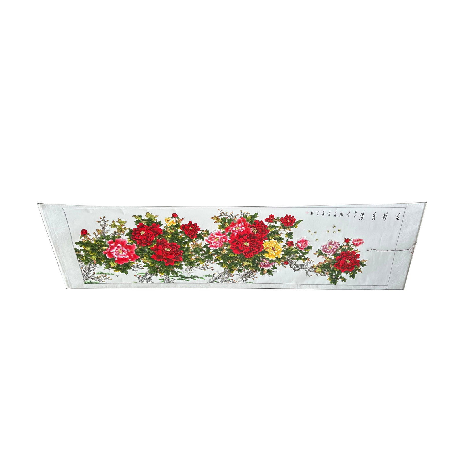 Long Horizontal 141" Chinese Color Ink Red Peony Blossom Scroll Painting - 2