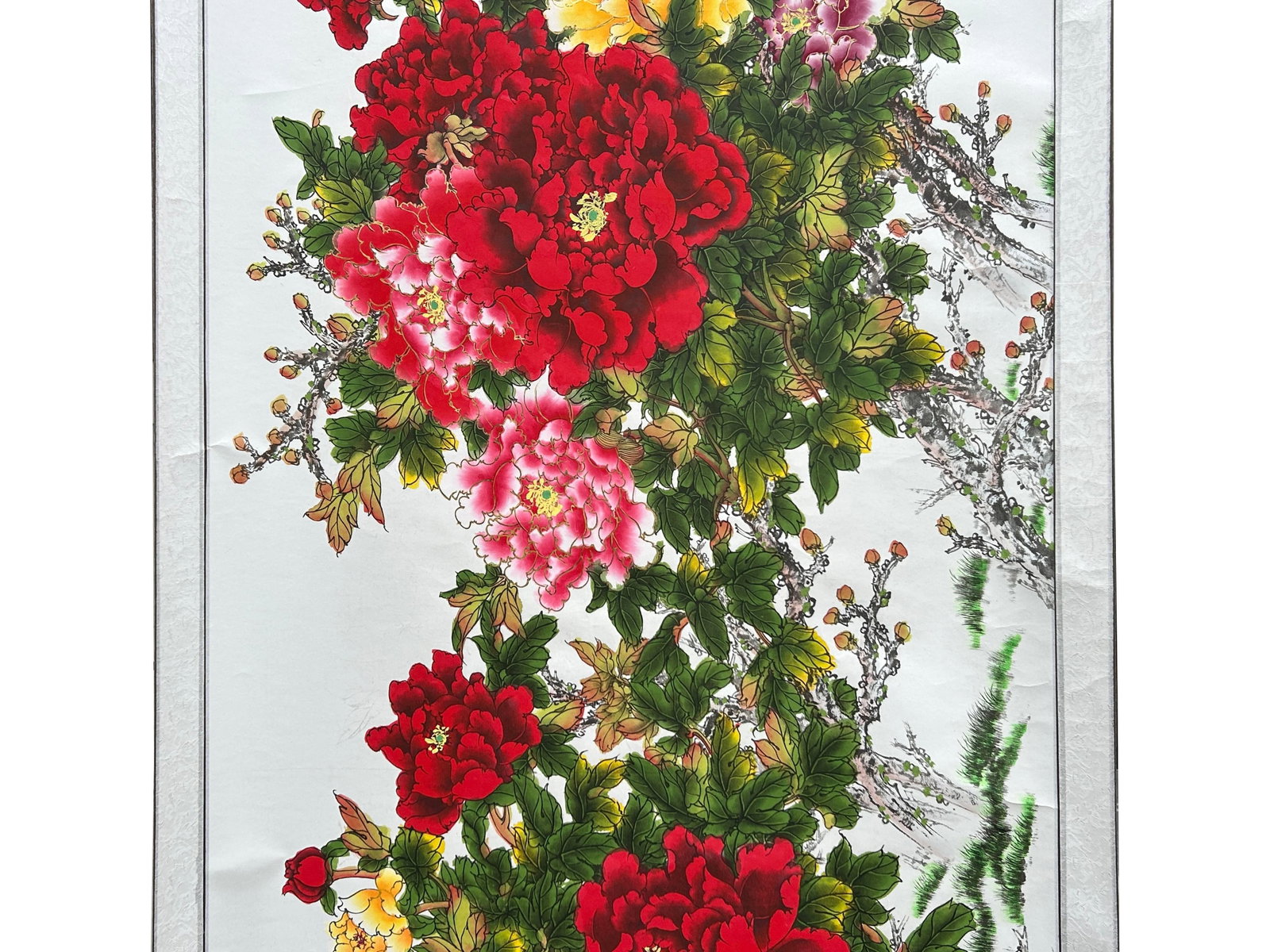 Long Horizontal 141" Chinese Color Ink Red Peony Blossom Scroll Painting - 4