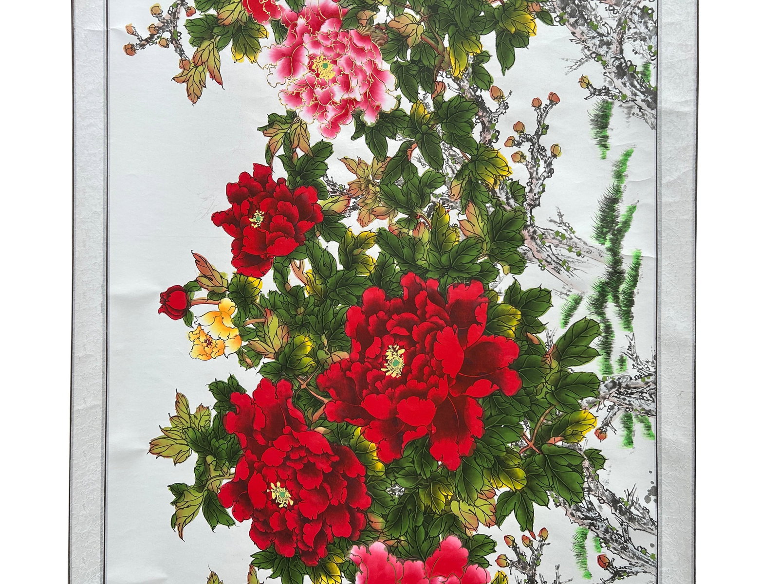 Long Horizontal 141" Chinese Color Ink Red Peony Blossom Scroll Painting - 6
