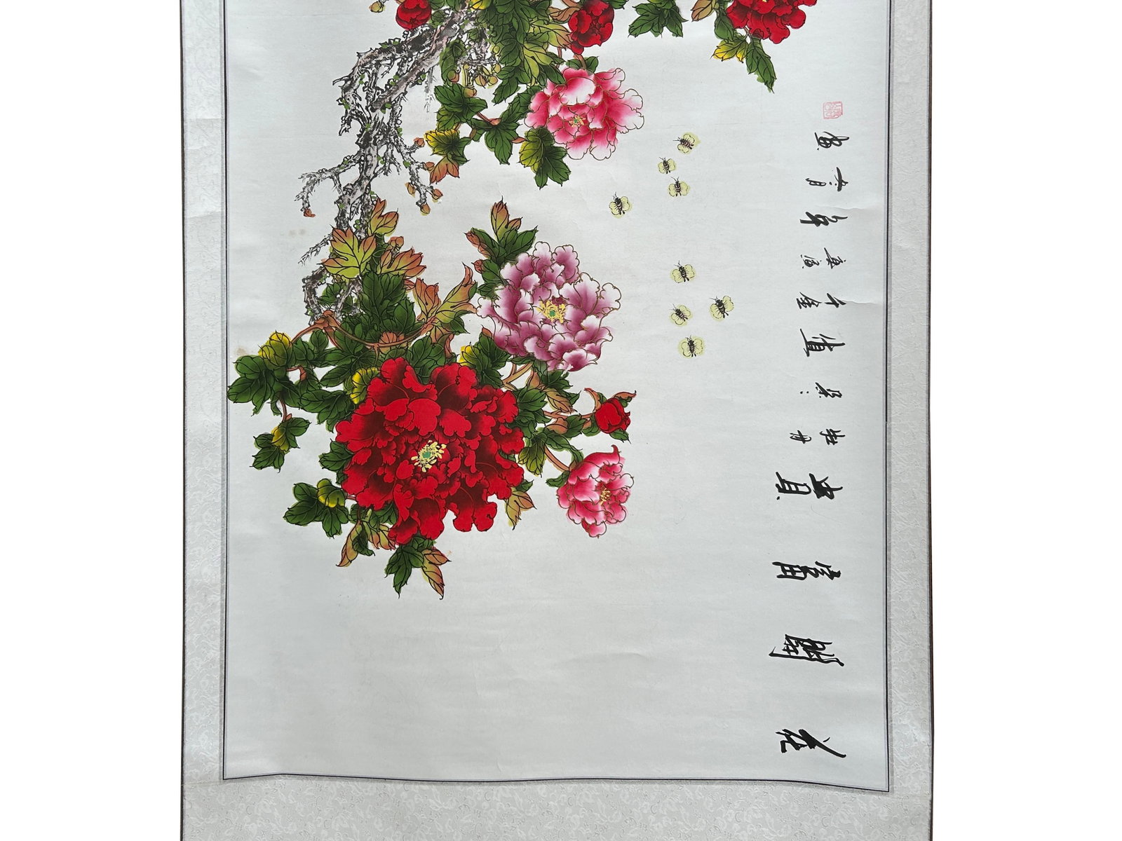 Long Horizontal 141" Chinese Color Ink Red Peony Blossom Scroll Painting - 8