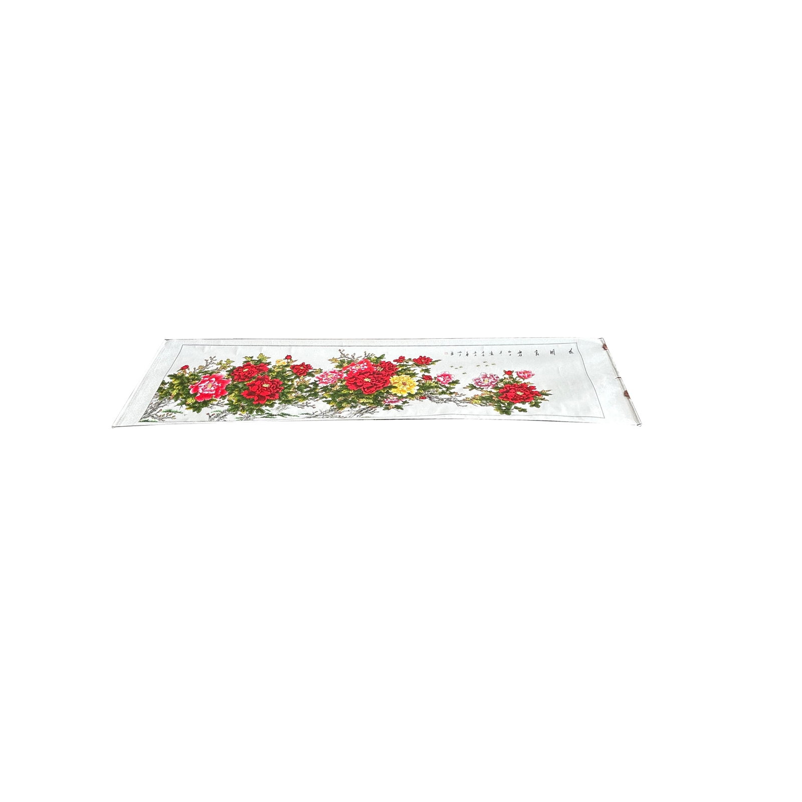 Long Horizontal 141" Chinese Color Ink Red Peony Blossom Scroll Painting - 9