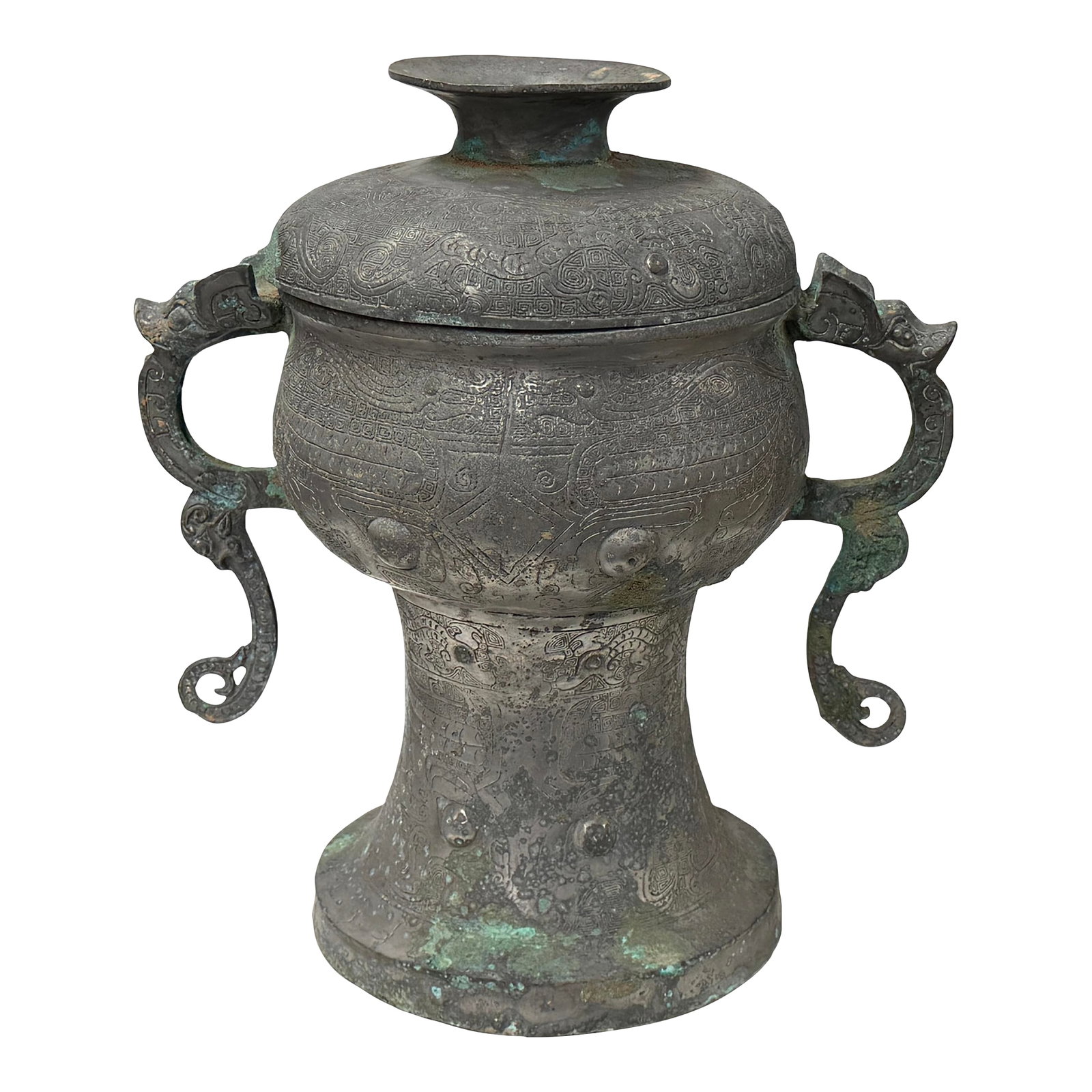Vintage Look Gray Green Ancient Ding Shape Vessel Holder Display Art: This ornate bronze vessel, an exquisite example of ancient ritual craftsmanship, displays a weathered dark-grey patina punctuated by vibrant blooms of turquoise oxidation. Its primary structure