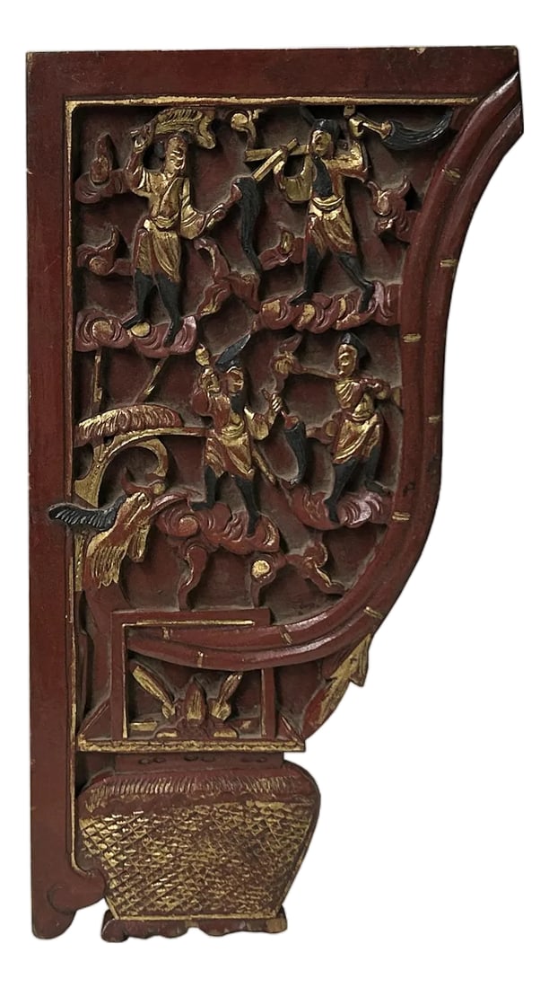 Vintage Corbel Corner Wood Red Gold Carving Wall Hanging Art Plaque (1 of 9)