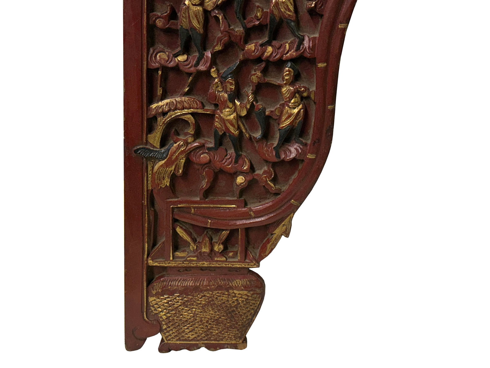 Vintage Corbel Corner Wood Red Gold Carving Wall Hanging Art Plaque - 7