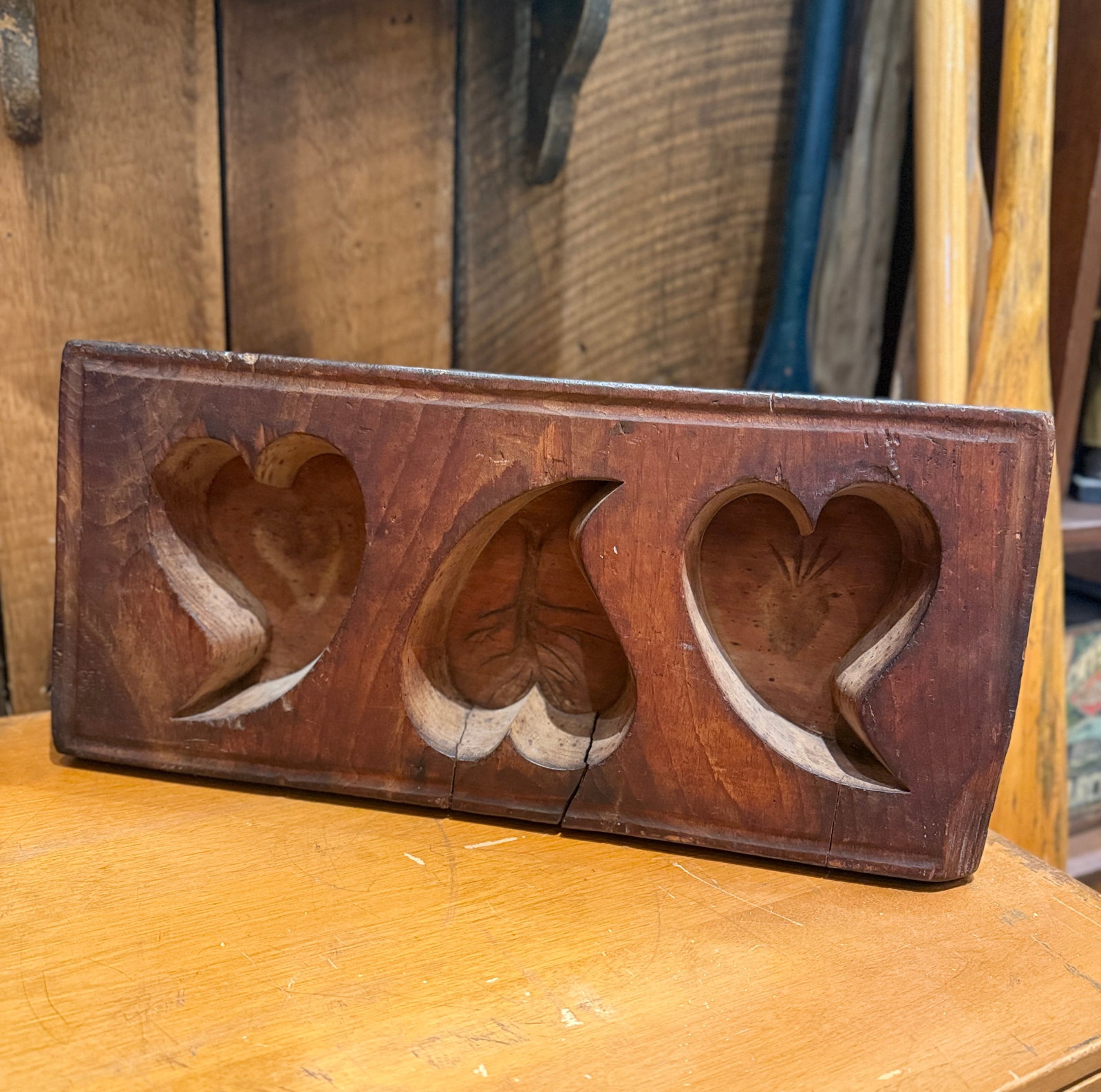 Antique Wooden Sugar Mold With Three Deep Heart Carvings - 2