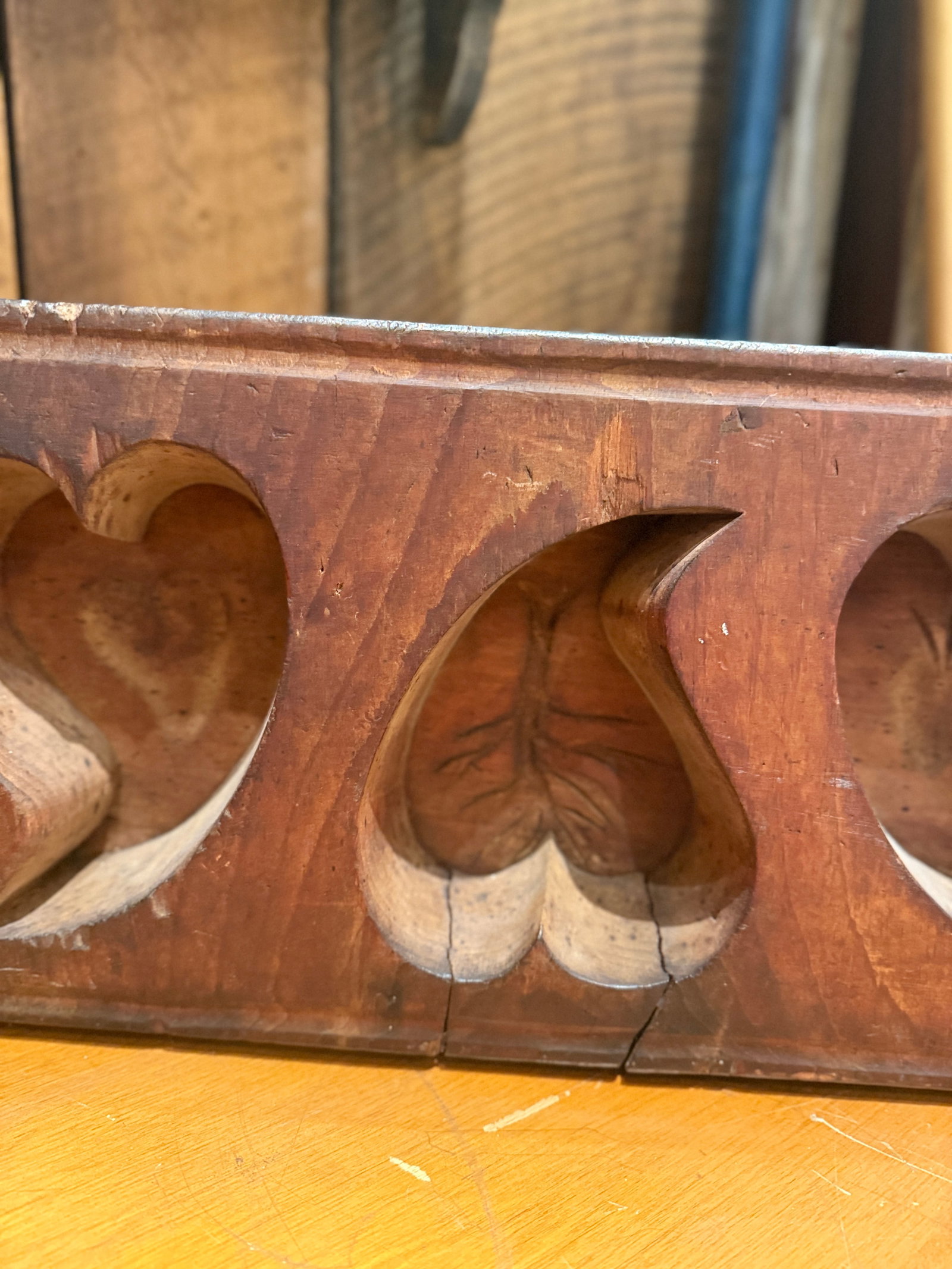 Antique Wooden Sugar Mold With Three Deep Heart Carvings - 4