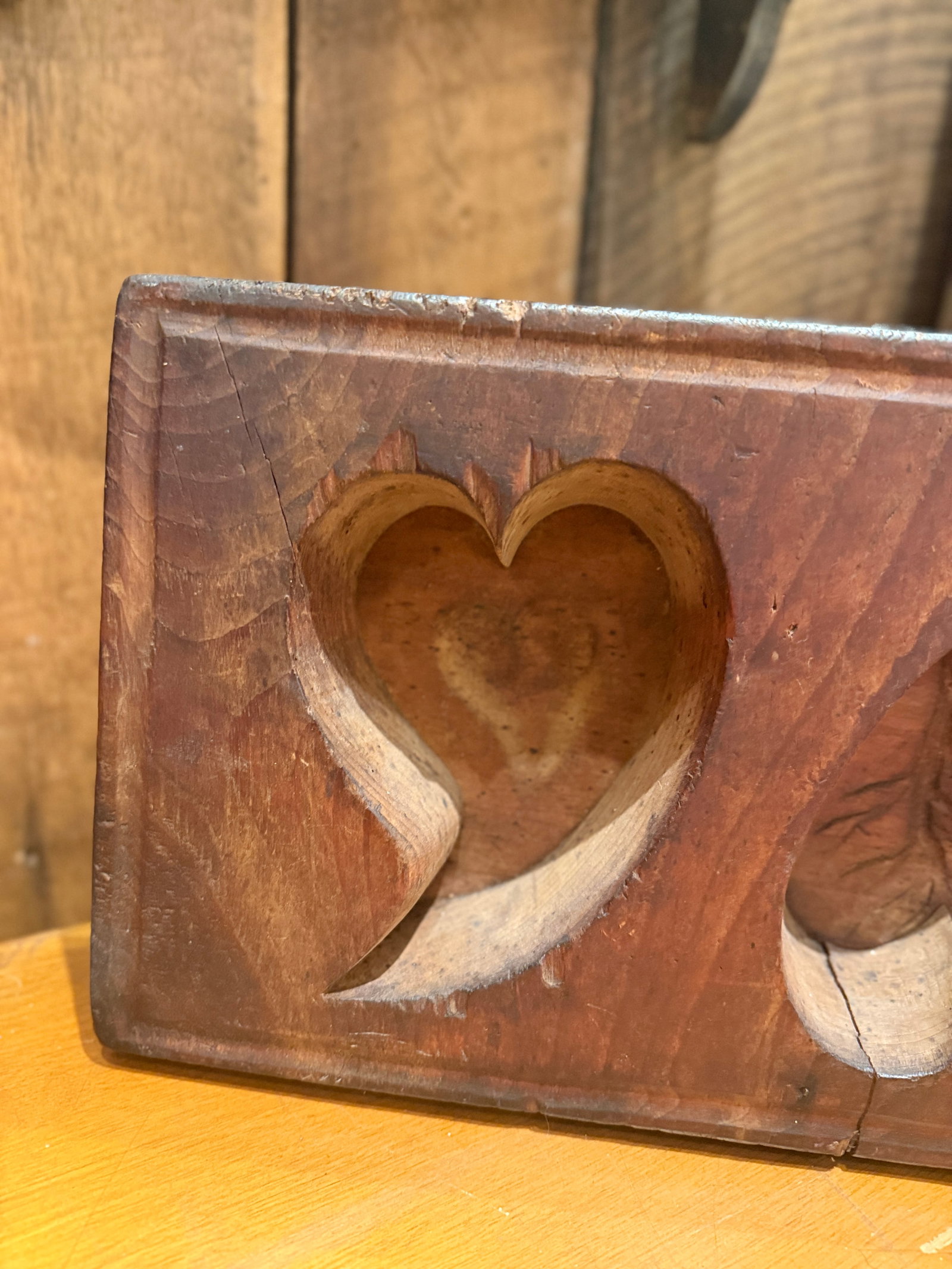 Antique Wooden Sugar Mold With Three Deep Heart Carvings - 5