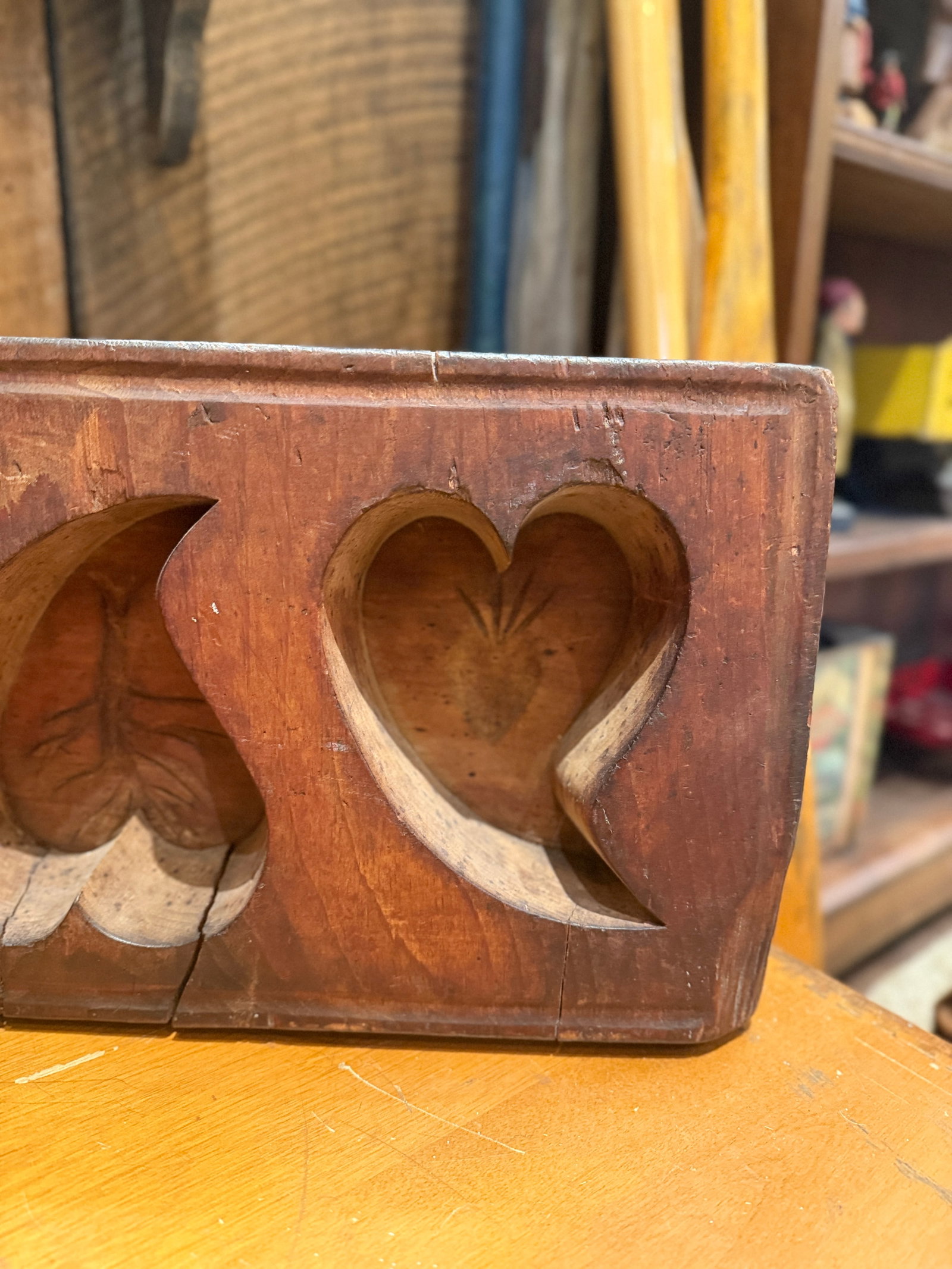 Antique Wooden Sugar Mold With Three Deep Heart Carvings - 6