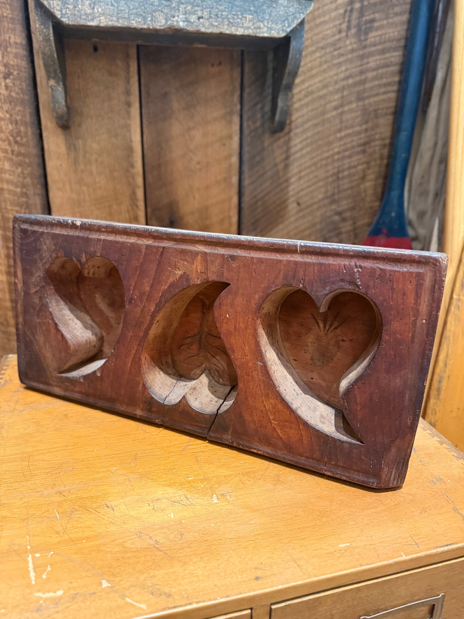 Antique Wooden Sugar Mold With Three Deep Heart Carvings - 8