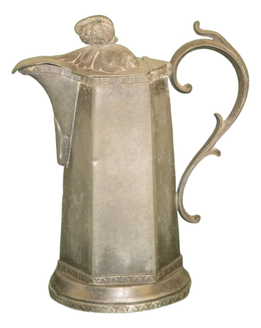 19th Century Syrup Jug W/ Lid or Creamer, American Pewter - Unmarked: This 18th-19th century American pewter syrup jug with lid creamer is a rare and handmade piece from the United States. The gray pitcher is an original antique item, perfect for serving coffee or tea.
