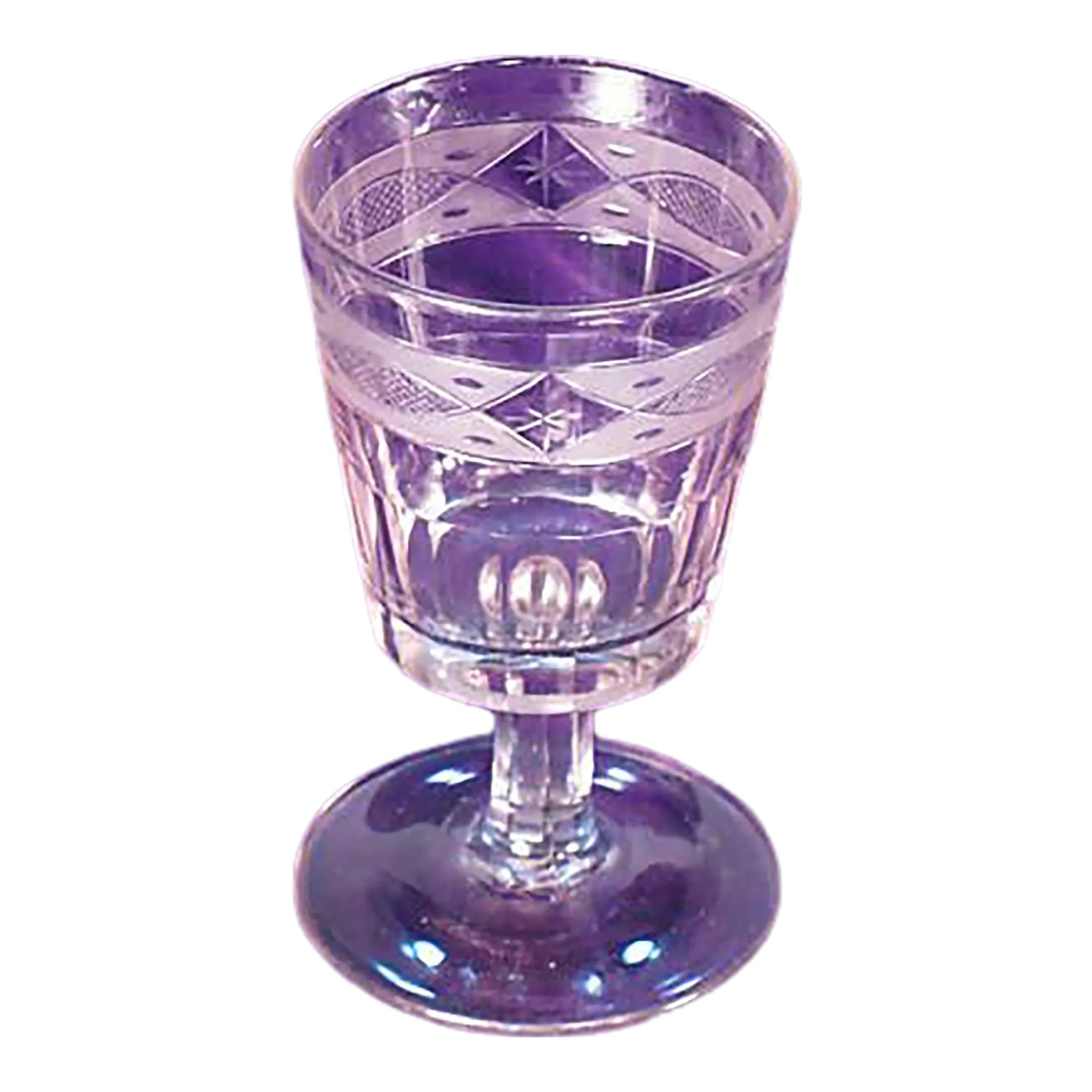 Clear Wine or Rummer Glass Early 19th C. Irish, Engraved Star & Hatch Pattern, Cork Glass Co.: Irish rummer engraved /decorated with Hatch pattern and stars within a band of loops. the stem and the lower half of the bucket bowl are cut with flutes. Attributed to Cork Glass Co. Early 19th C. (17