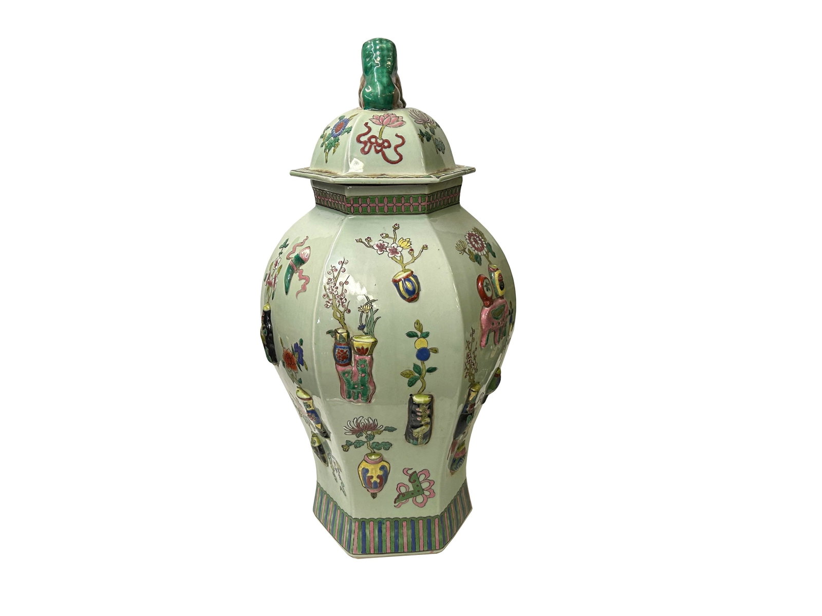 Vintage Chinese Light Celadon Green Relief Motif Hexagonal Porcelain Jar - 10