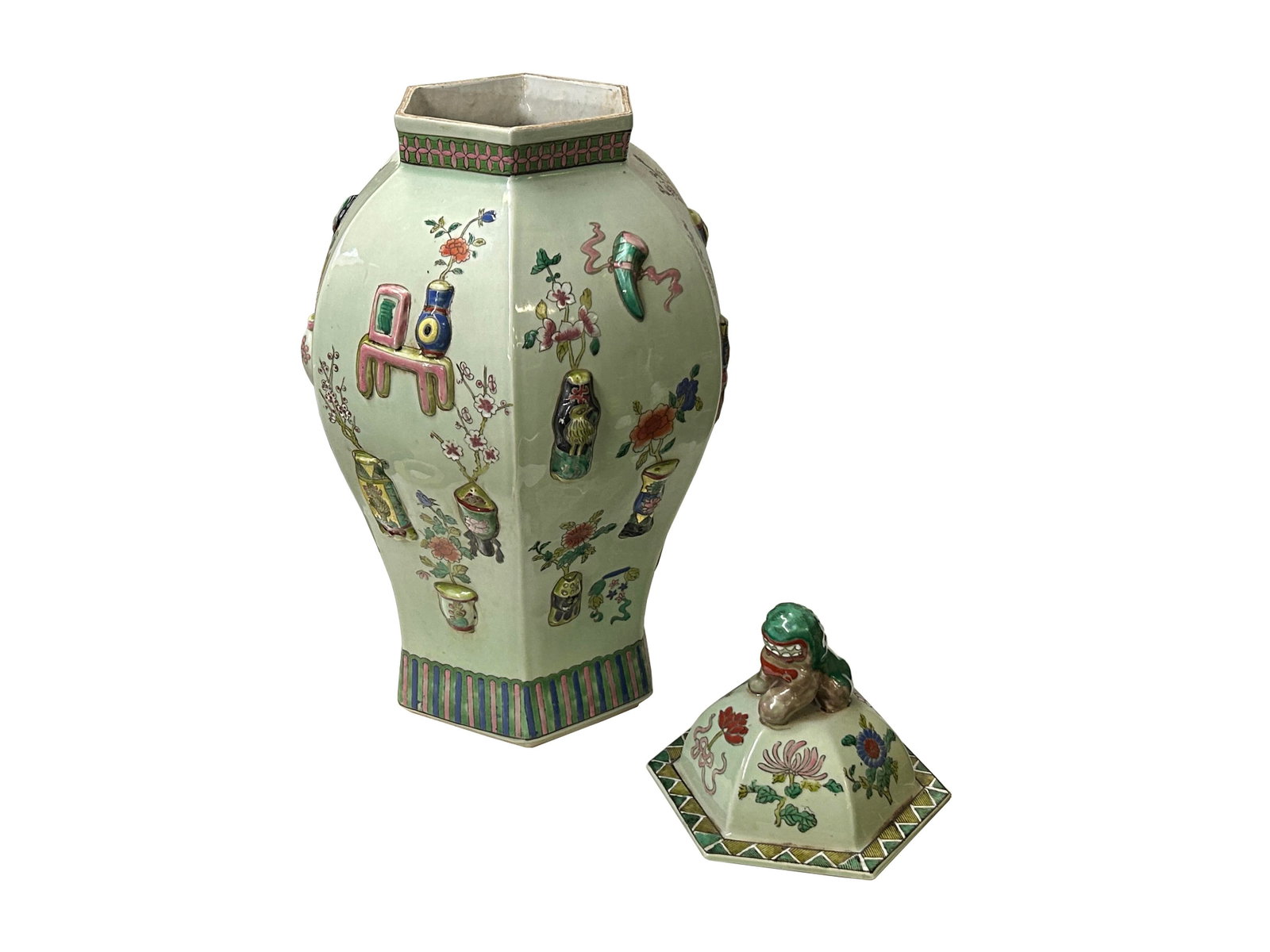 Vintage Chinese Light Celadon Green Relief Motif Hexagonal Porcelain Jar - 11