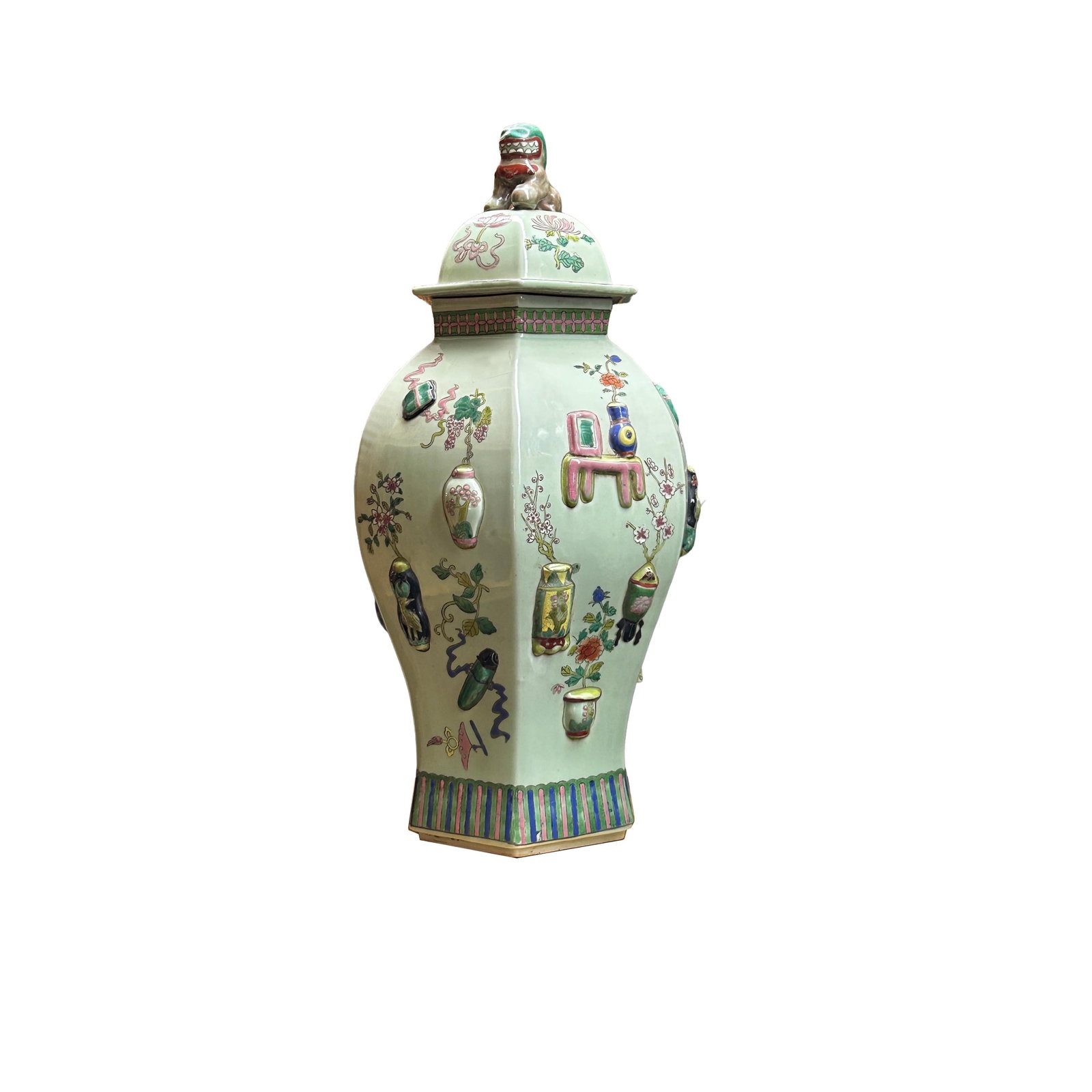 Vintage Chinese Light Celadon Green Relief Motif Hexagonal Porcelain Jar - 2