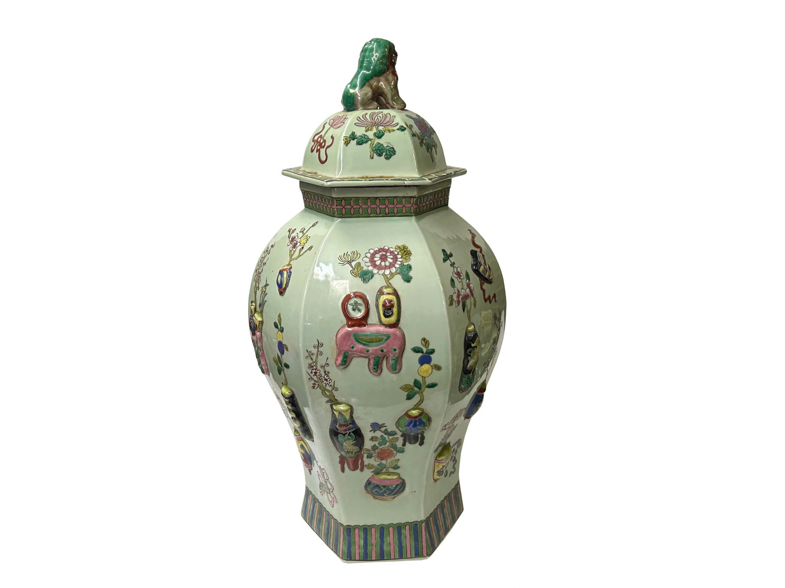 Vintage Chinese Light Celadon Green Relief Motif Hexagonal Porcelain Jar - 3