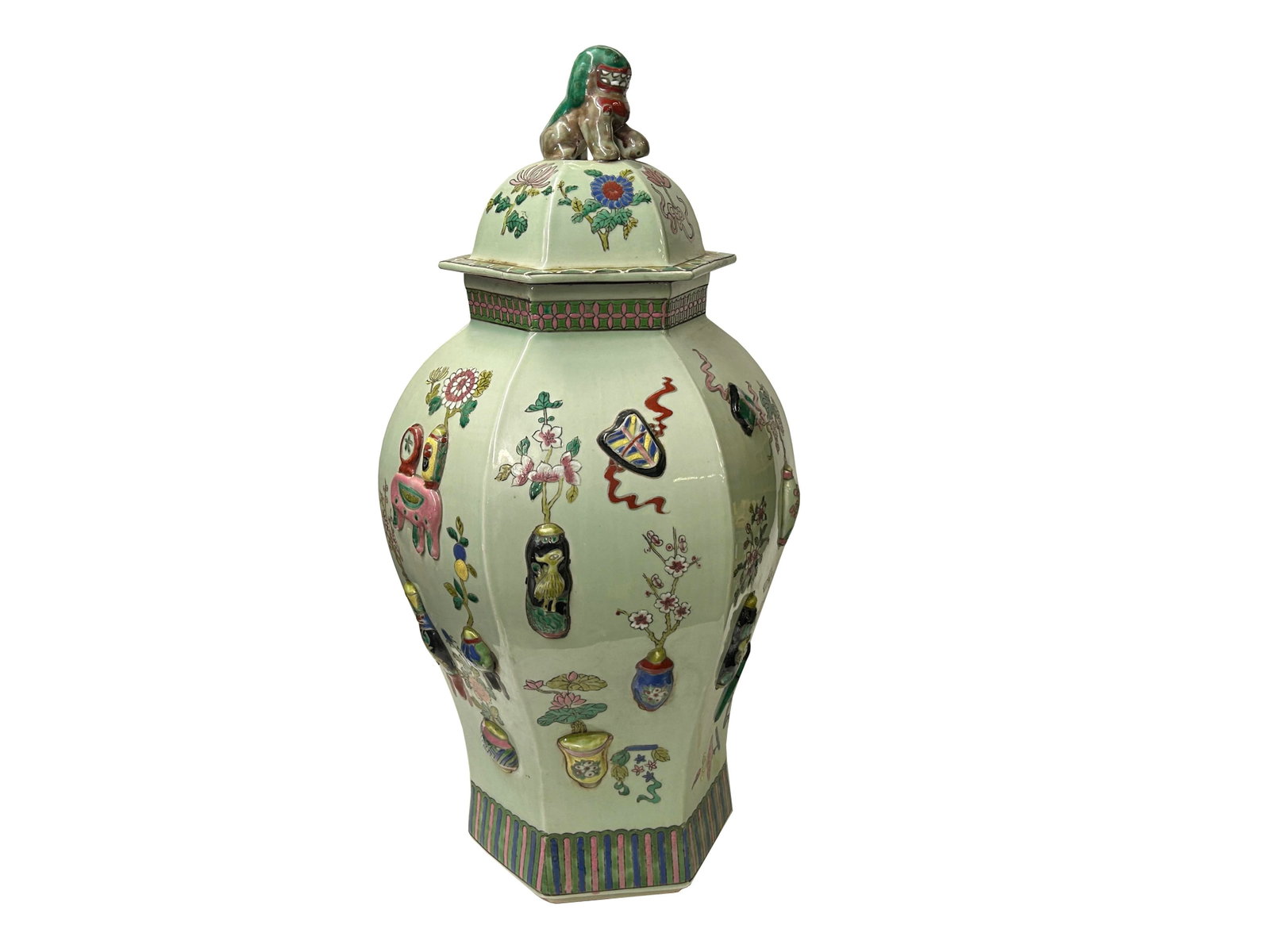 Vintage Chinese Light Celadon Green Relief Motif Hexagonal Porcelain Jar - 4