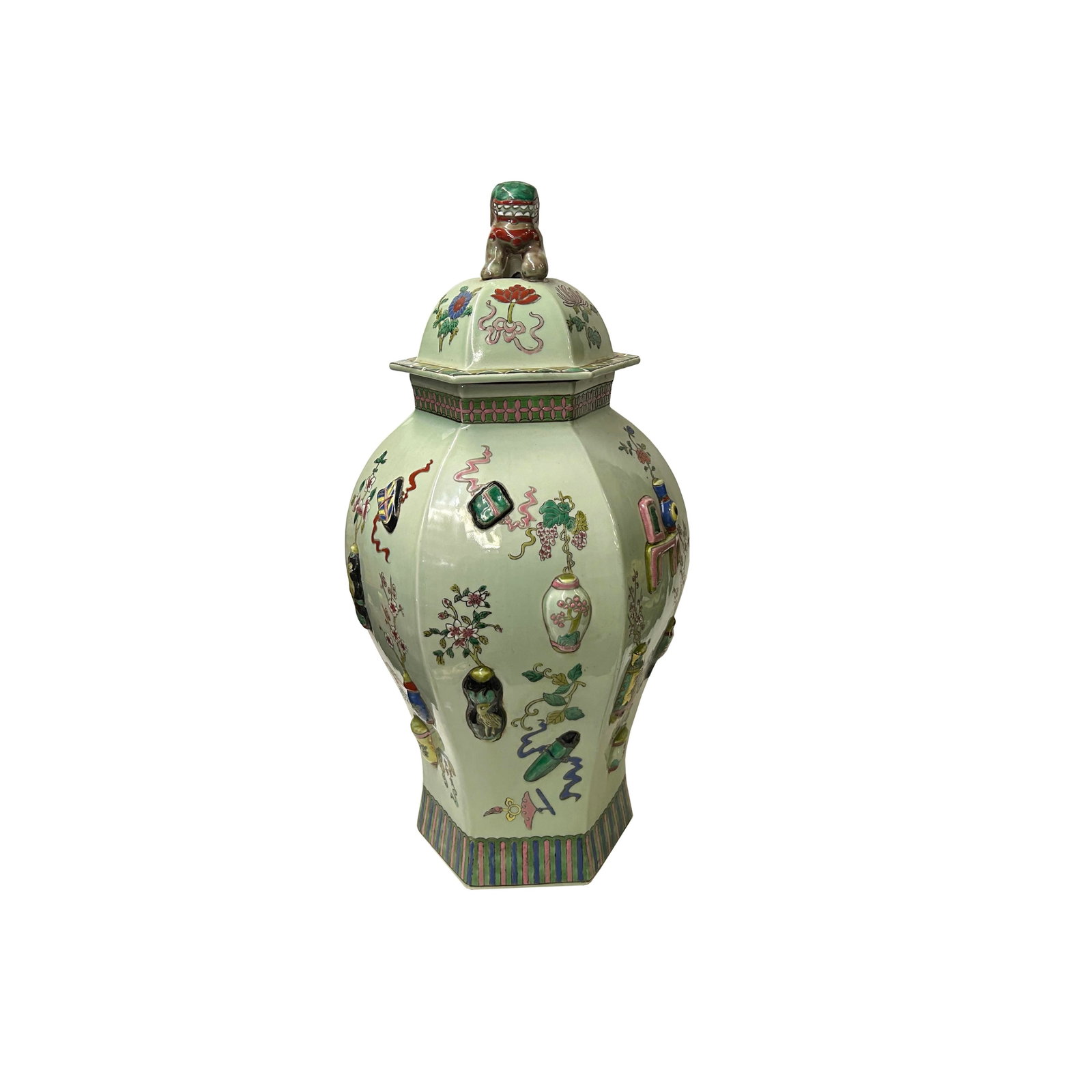 Vintage Chinese Light Celadon Green Relief Motif Hexagonal Porcelain Jar - 5