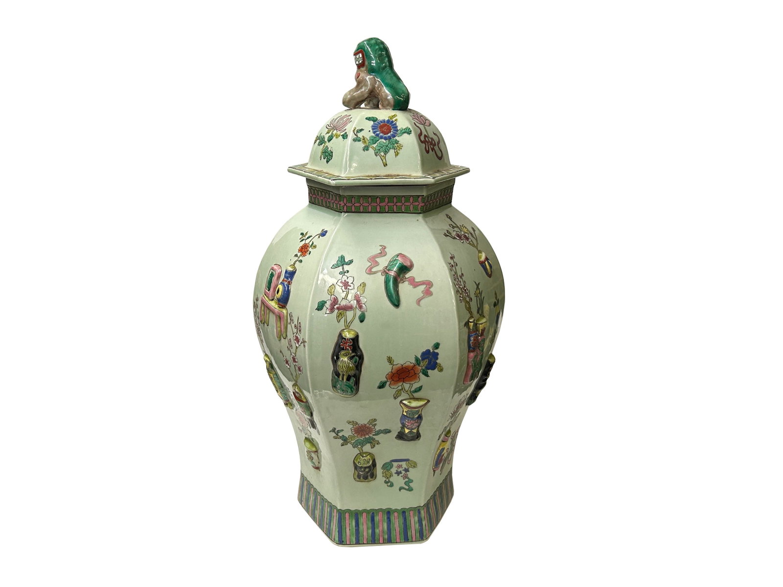Vintage Chinese Light Celadon Green Relief Motif Hexagonal Porcelain Jar - 7
