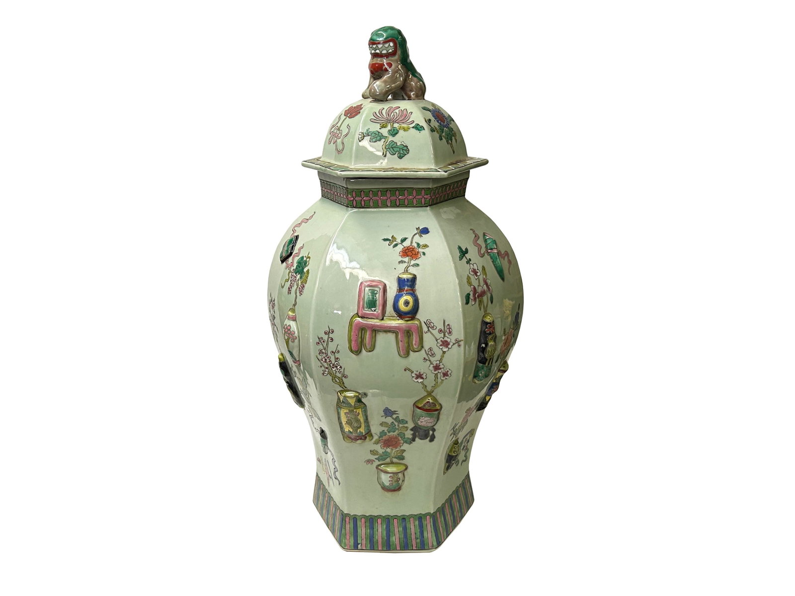 Vintage Chinese Light Celadon Green Relief Motif Hexagonal Porcelain Jar - 9