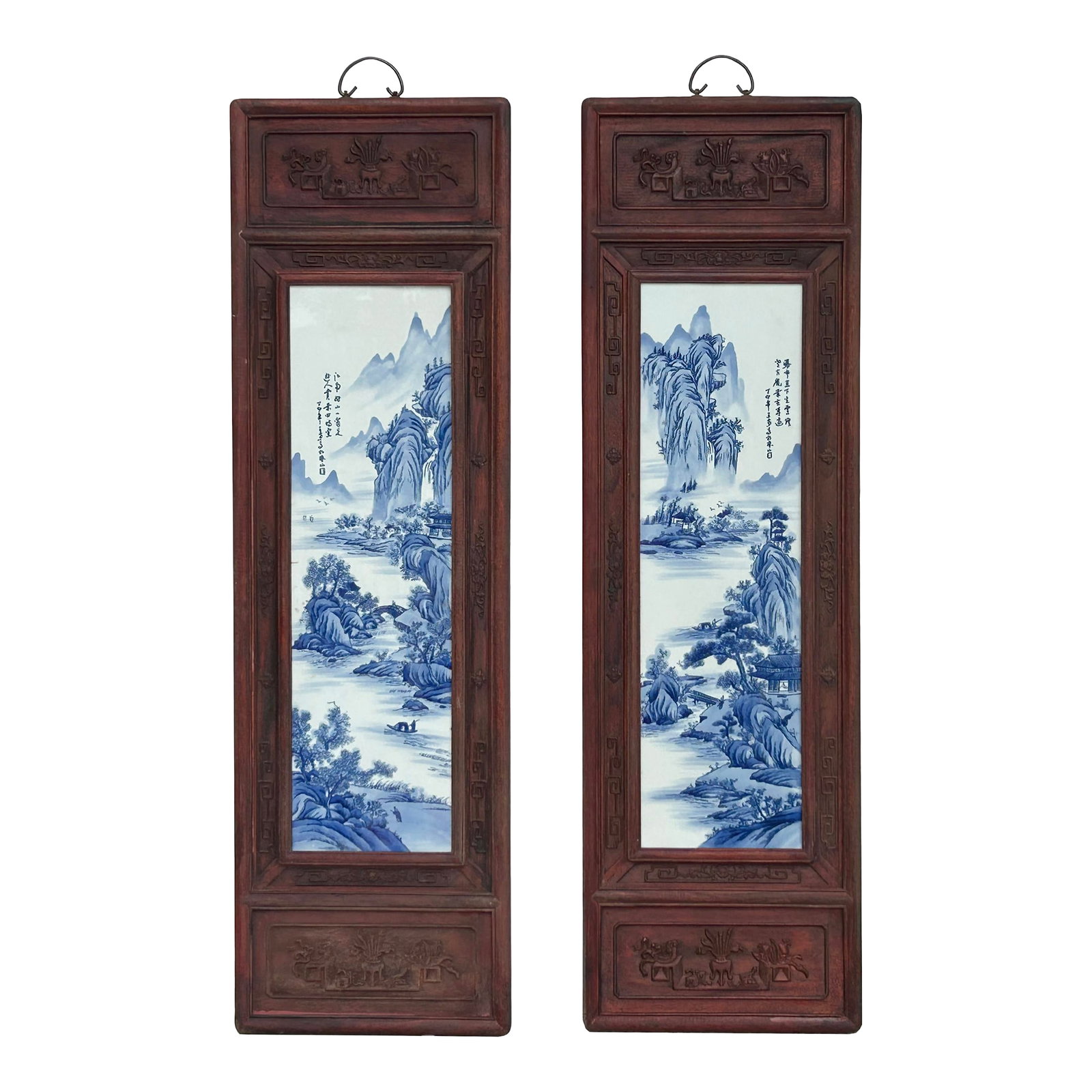 Pair Chinese Blue White Landscape Porcelain Painting Wall Panels: This pair of exquisite Chinese wall panels features vertical porcelain plaques hand-painted in the timeless "Blue and White" (Qinghua) tradition. Each plaque depicts a serene, sprawling landscape of