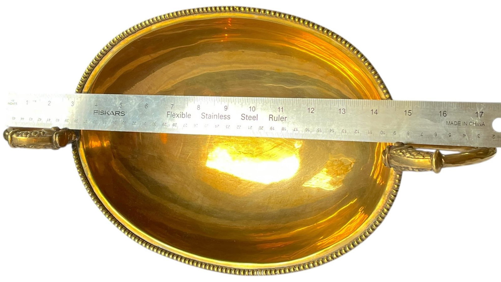 Large Vintage Solid Brass Dolphin Handle Compote Footed / Pedestal Bowl in the Style of Sherle Wagne - 10