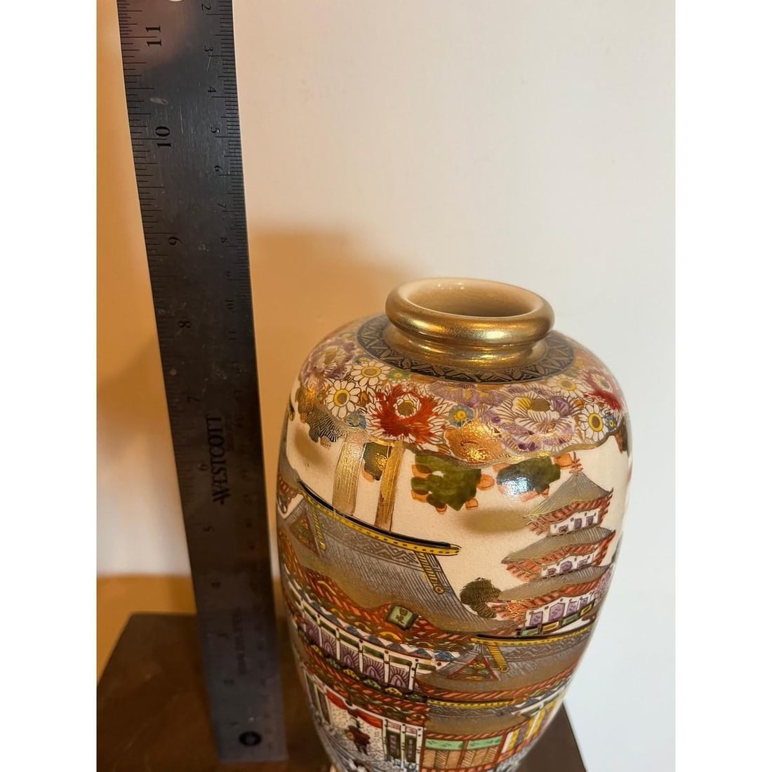 Antique Japanese Satsuma Vase Meiji Koshida Signed Shimazu Crest Pagoda 10" - 10