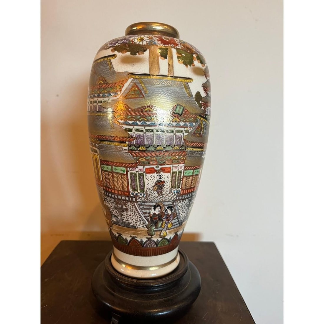 Antique Japanese Satsuma Vase Meiji Koshida Signed Shimazu Crest Pagoda 10" - 2