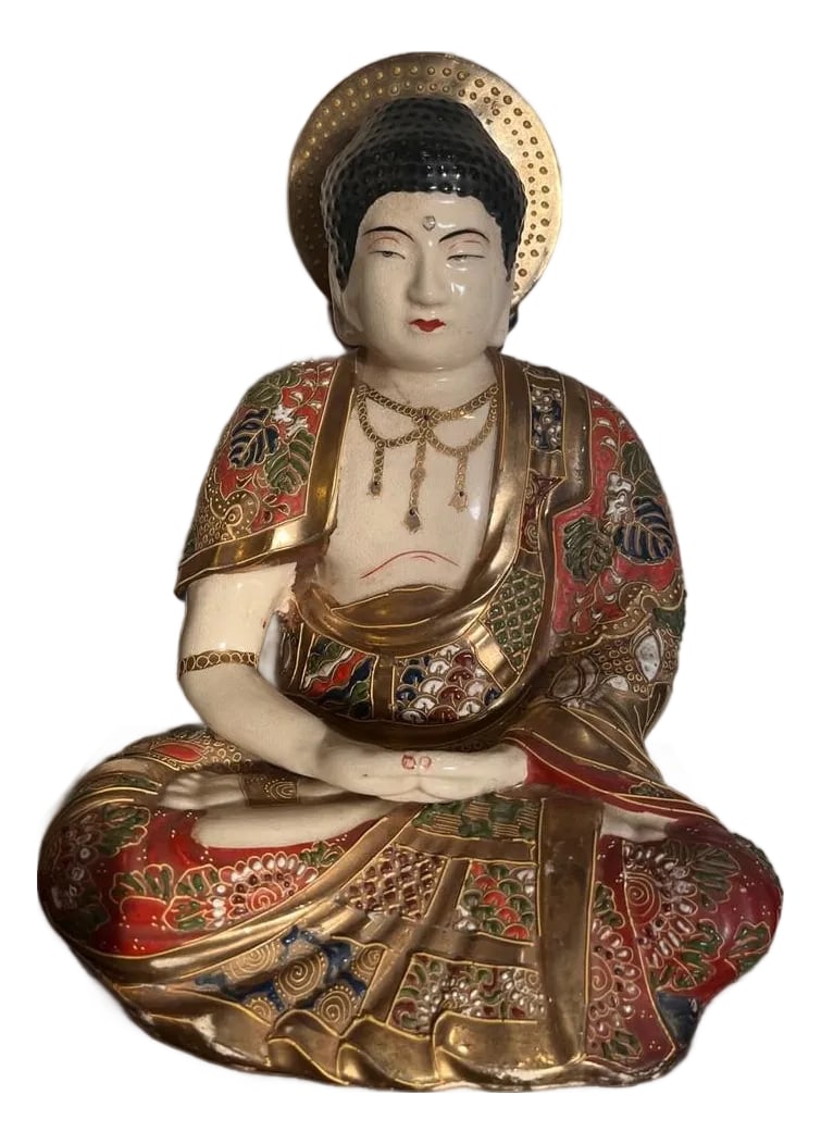 Vintage Japanese Satsuma Porcelain Buddha Moriage Gilt Statue 10" Immortal: This stunning 10-inch vintage Japanese porcelain Buddha features the intricate "Moriage" technique, characterized by raised, bead-like enamel detailing and heavy gold gilding. The figure is depicted i