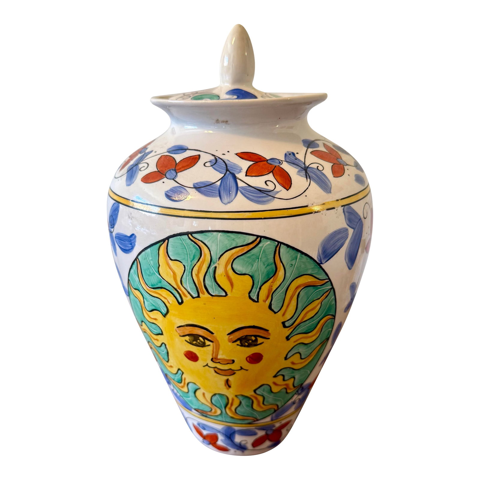 Historical World Banking Institution Rare Sunburst Vase: This unique and rare Sunburst Vase with a lid that is an original Mid 20th Century piece manufactured by WBI in China that will add a touch of charm to your home decor. It is a hand painted sunburst