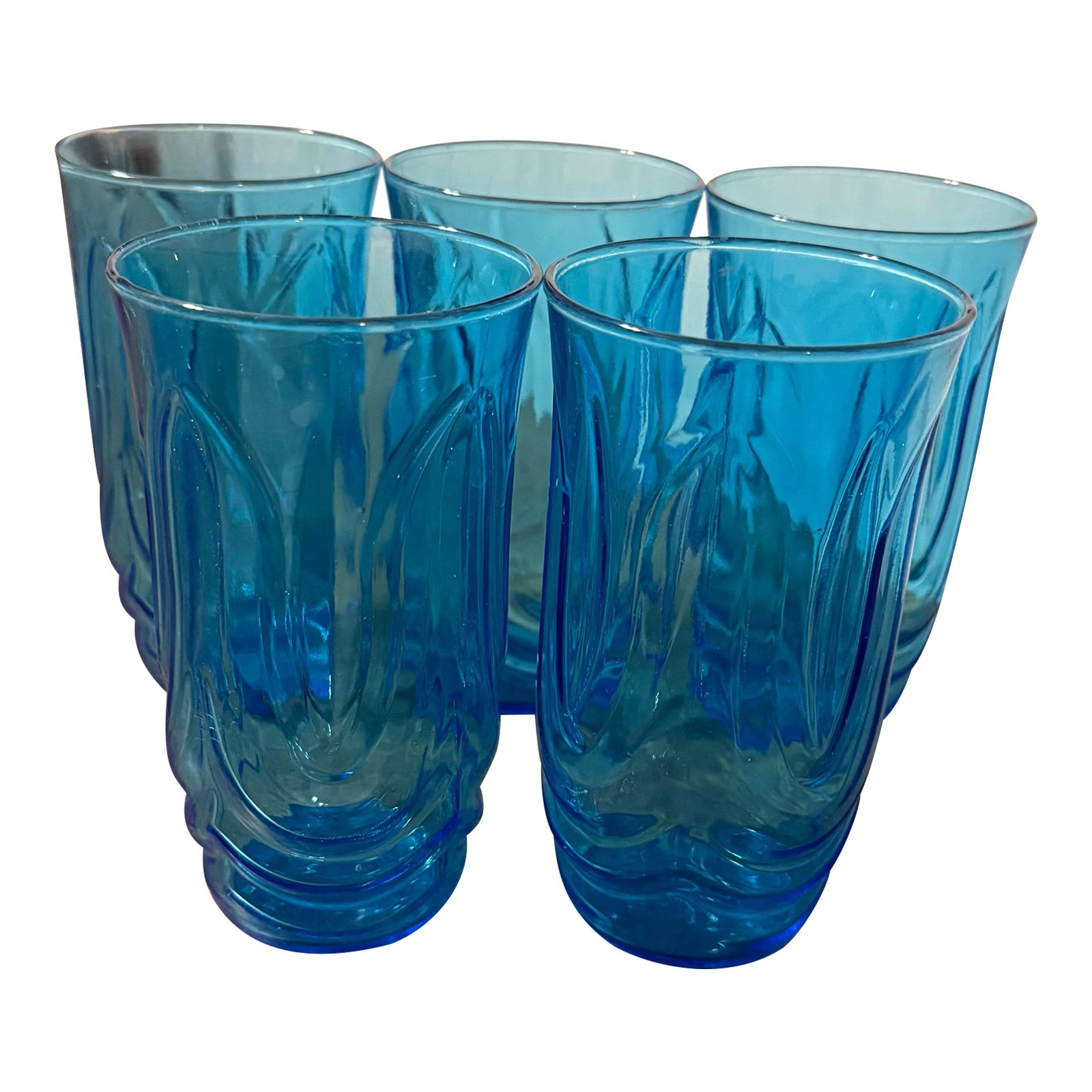 Anchor Hocking Colonial Tulip Laser Blue Glasses - Set of 5: The "history" of the Colonial Tulip pattern glasses and their manufacturer, Anchor Hocking, spans much of the 20th century, from the company's founding to the peak popularity of this specific design.
