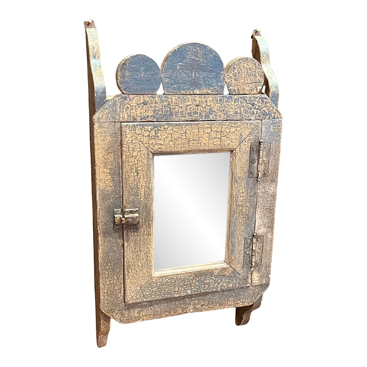 Antique Quebec Pharmacy Wall Cabinet Original Blue Paint Folk Art: Charming antique wall-mounted pharmacy cabinet from Quebec, featuring its original blue painted exterior with beautifully aged crackle finish. This piece likely dates to the late 19th to early 20th