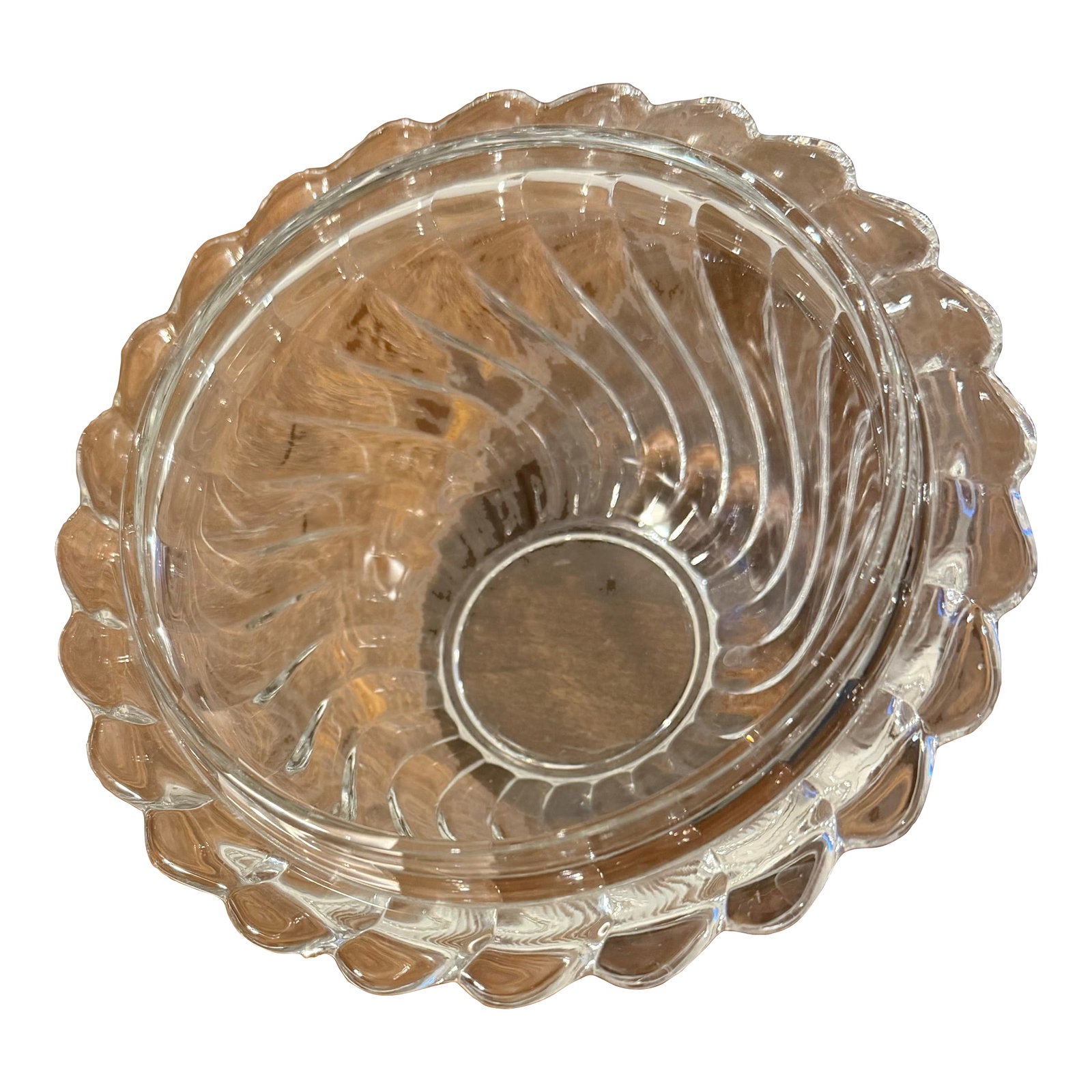 Rare Fostoria Colony Ice Bucket: This is a rare Fostoria "Colony" ice bucket crafted from clear pressed glass or crystal. It features a distinctive swirl, ribbed pattern on its body and a beautifully scalloped rim. Designed