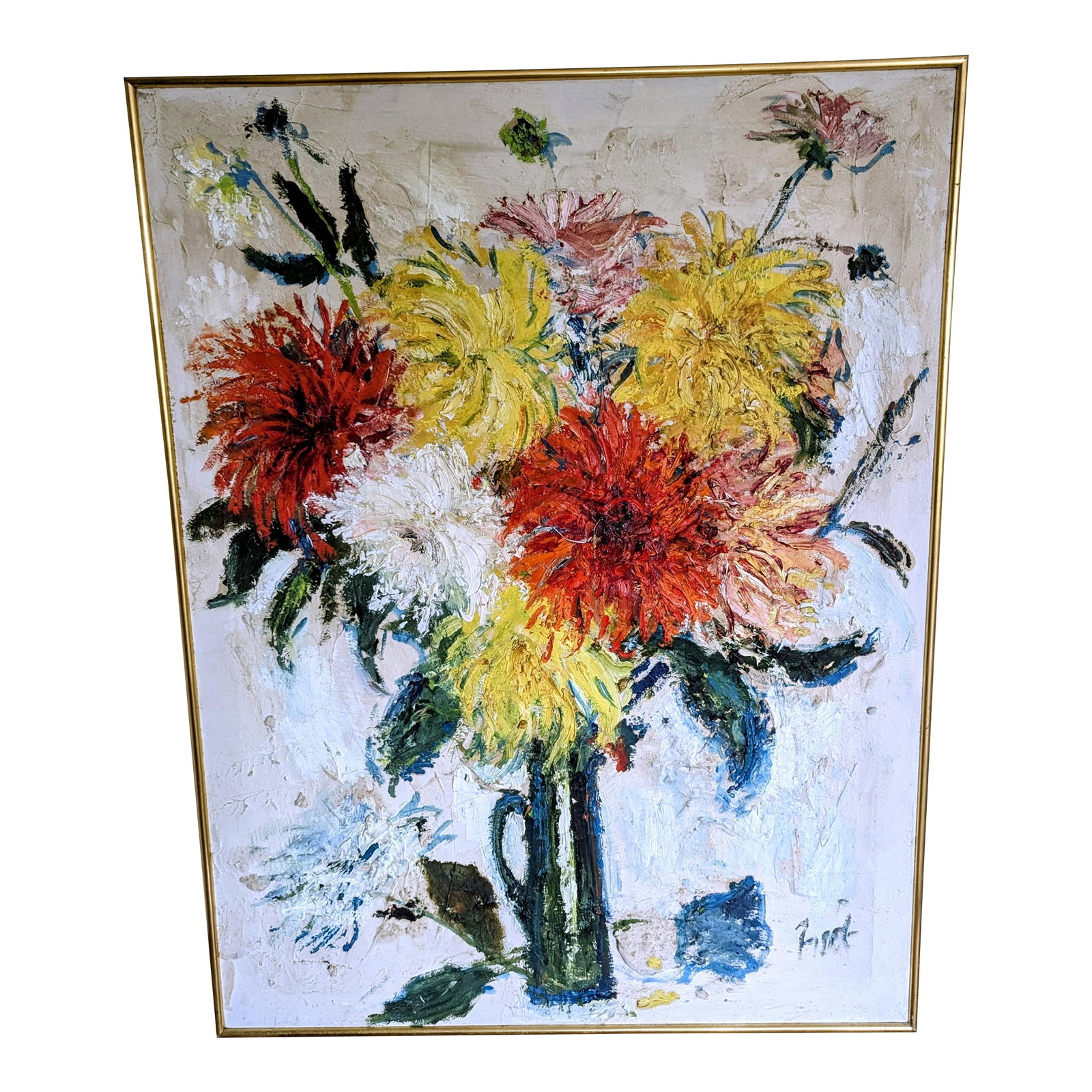 1980s Expressionist Oil Impasto Floral Still Life: This spectacularly, vibrant bouquet of dahlias, seems to be bursting out of the canvas with the artist using the "impasto" technique, wherein paint is thickly laid on the canvas creating a raised,