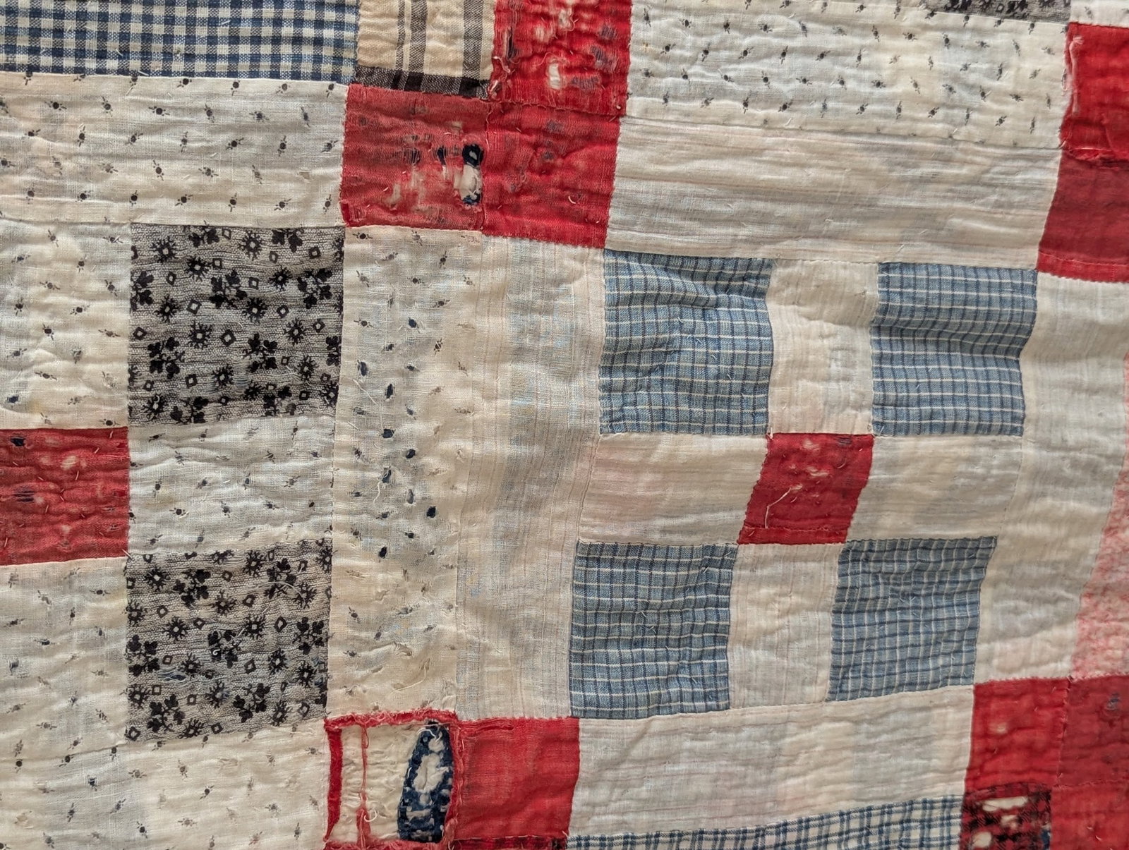 Hand-Stitched American Folk Art Nine Patch Pattern Quilt - 9