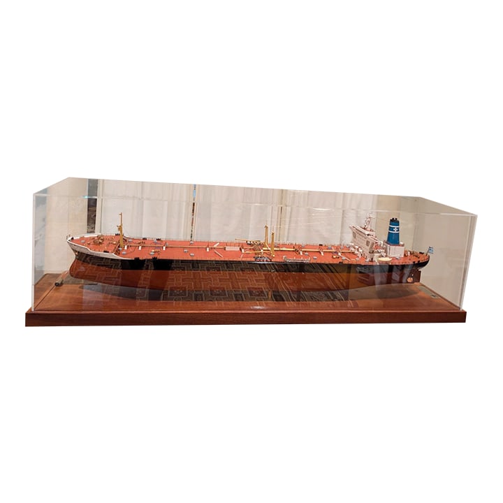 Rare Museum Quality Tanker Ship Model in Display Case Titled "Mv Captain Gregos": A meticulously crafted model of the "MV Captain Gregos". The model represents a mid-century oil tanker or bulk carrier typical of the Greek merchant fleet during that era. It's presented in a clear
