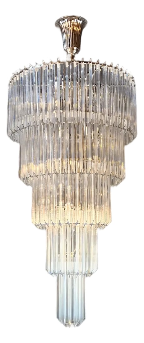 Art Deco Style Chandelier Tiered Design Glass Rods Art Nouveau Silver Long: This elegant chandelier impresses with its clean, tiered design and is stylistically reminiscent of Art Deco. The multi-tiered silhouette lends the chandelier an architectural presence and creates a