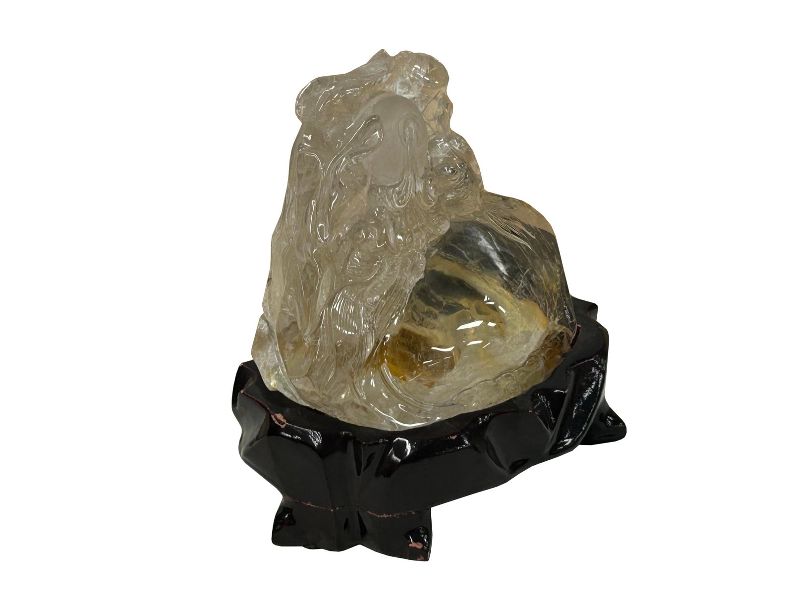 Natural Clear Crystal Koi Gold Fishes Wave Display on Wood Stand - 3