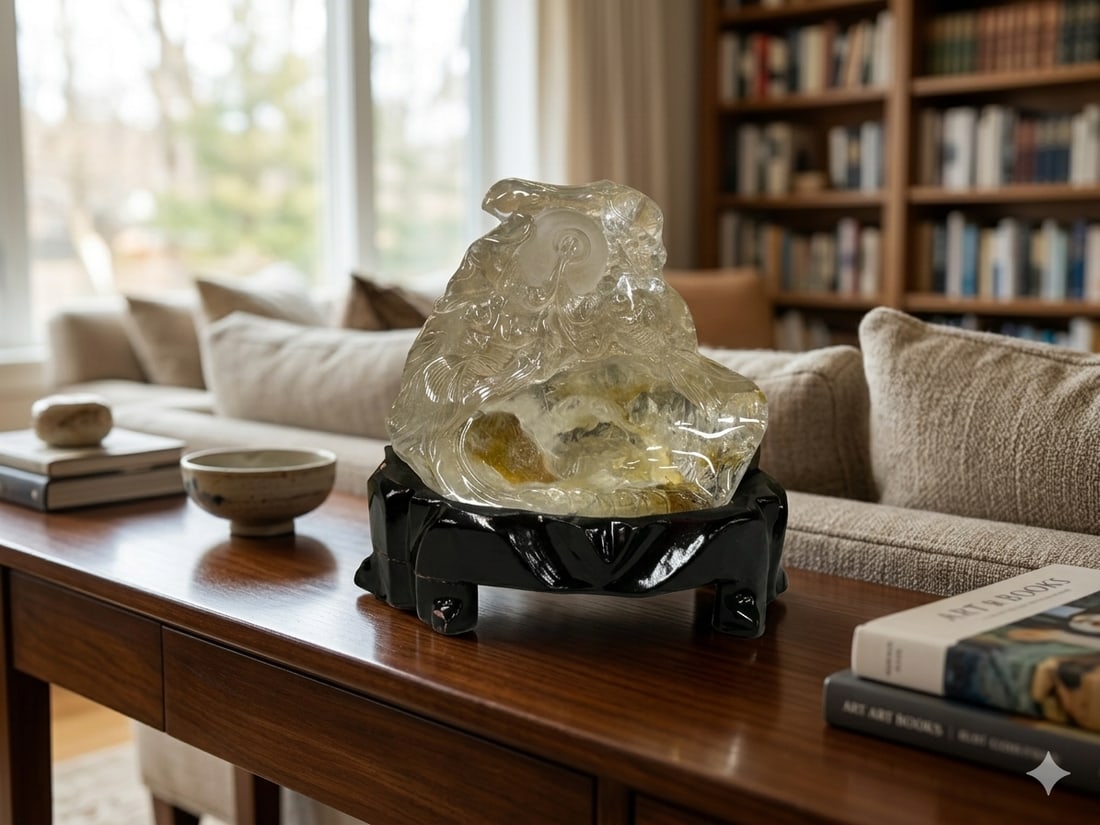 Natural Clear Crystal Koi Gold Fishes Wave Display on Wood Stand - 5