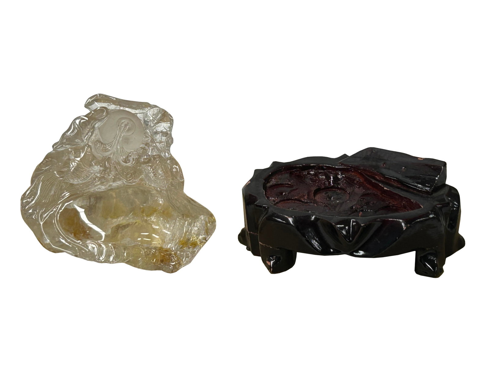 Natural Clear Crystal Koi Gold Fishes Wave Display on Wood Stand - 7